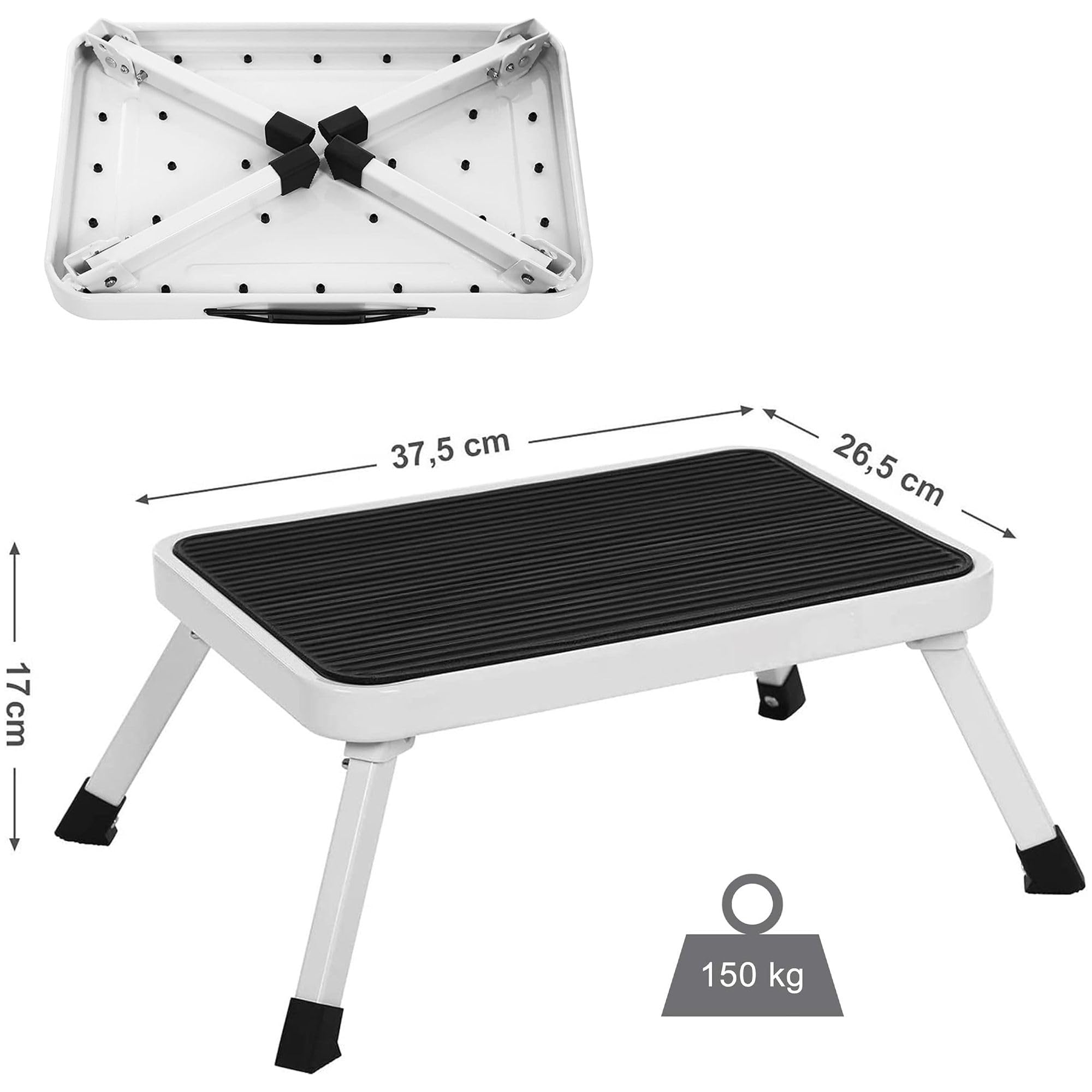 Predellino pieghevole 1 gradino - Scala, scaletta, sgabello di acciaio - Larga superficie antiscivolo - Capacità di carico 150 Kg - Impugnatura di trasporto - Ideale camper, roulotte - 46 x 32 x 17 cm
