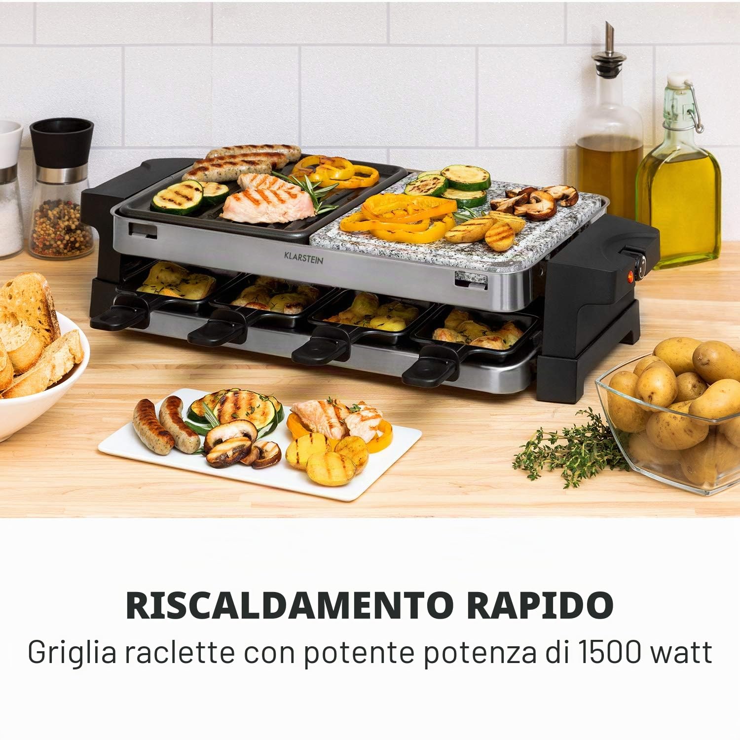 Klarstein Sirloin - Piastra per Raclette, Padelle per Raclette, 1500 Watt, 2 in 1: Alluminio e Pietra Naturale, Termoelemento in Acciaio Inox, Termostato Regolabile, per 8 Persone, Acciaio