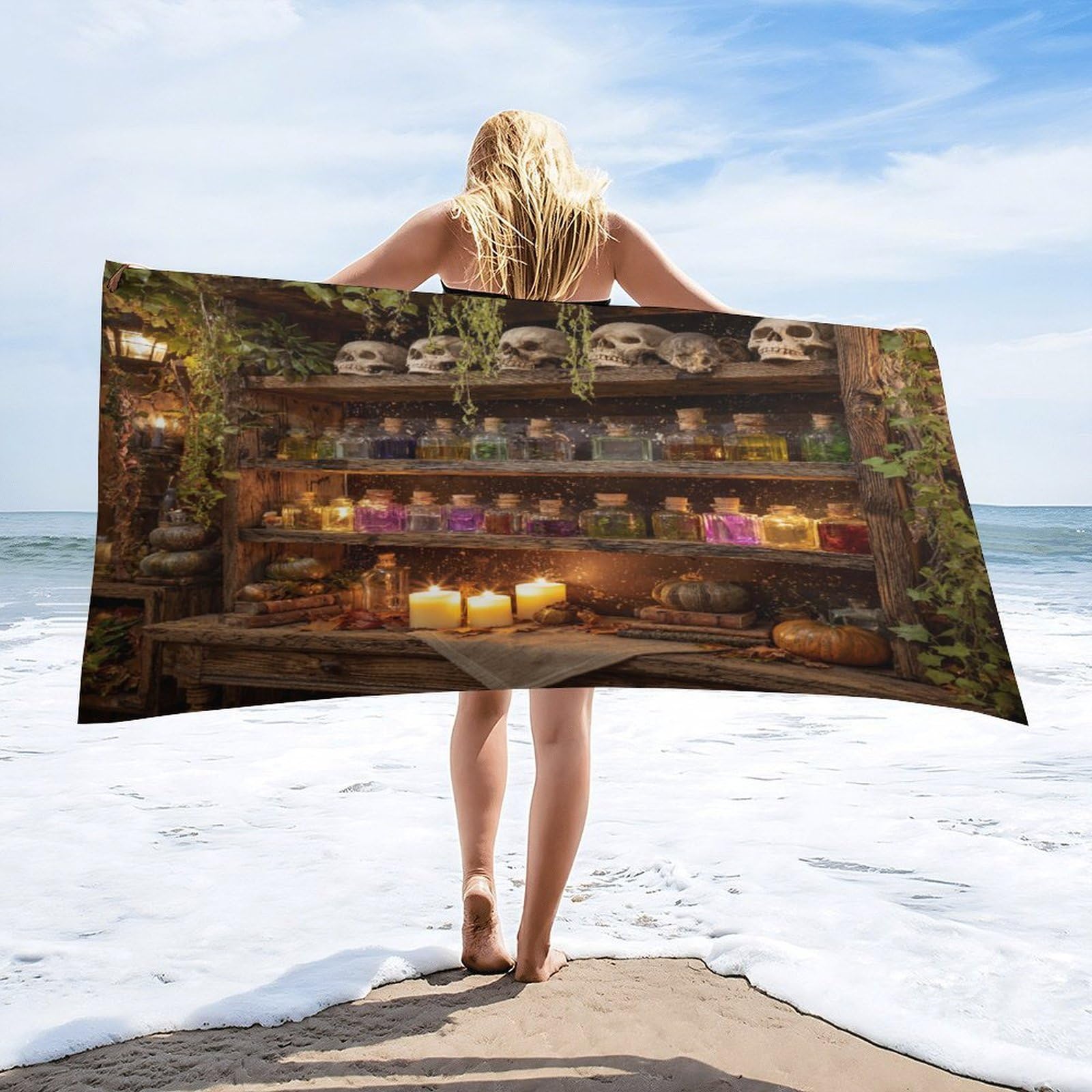 Luyysky Classic Colorful Witch Theme Absorbent Beach Towel, Gothic Abstract Spooky Halloween Skull Skeleton Pumpkin Outdoor Single-Sided Velvet Beach Towel-80 W Cm X 160" L Cm
