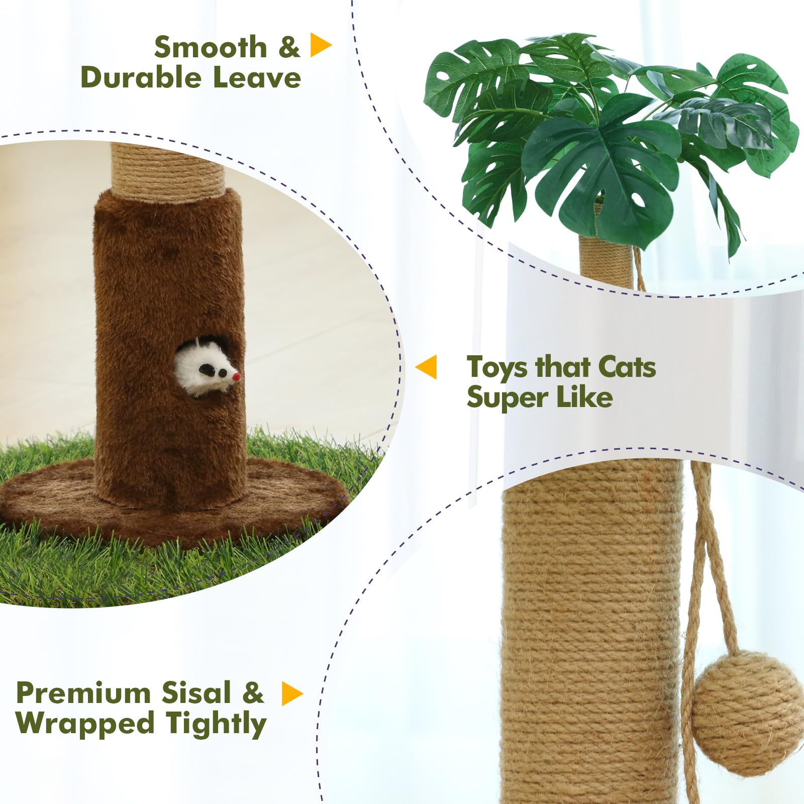 Woochpet Poste rascador para gatos y gatitos de interior, poste rascador para gatos de 35.43 pulgadas de alto con cuerda de sisal, poste rascador para gatos de palmera con bola colgante