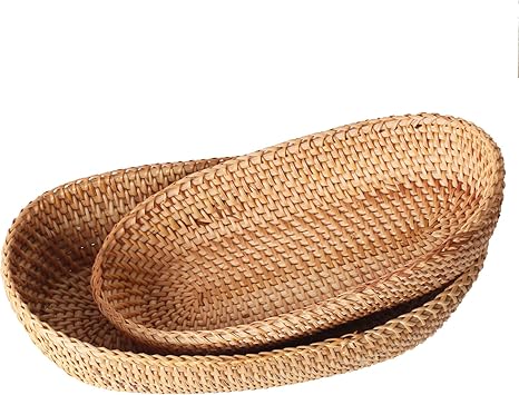 i-lan Set of 2 Oval Rattan Bread Baskets, 13 Inch Handwoven Wicker Basket Long with 2.7 Wall, Decorative Narrow Serving Basket Boho Bowl for Fruit, Food, Snack, Brown, 2-sizeS+L