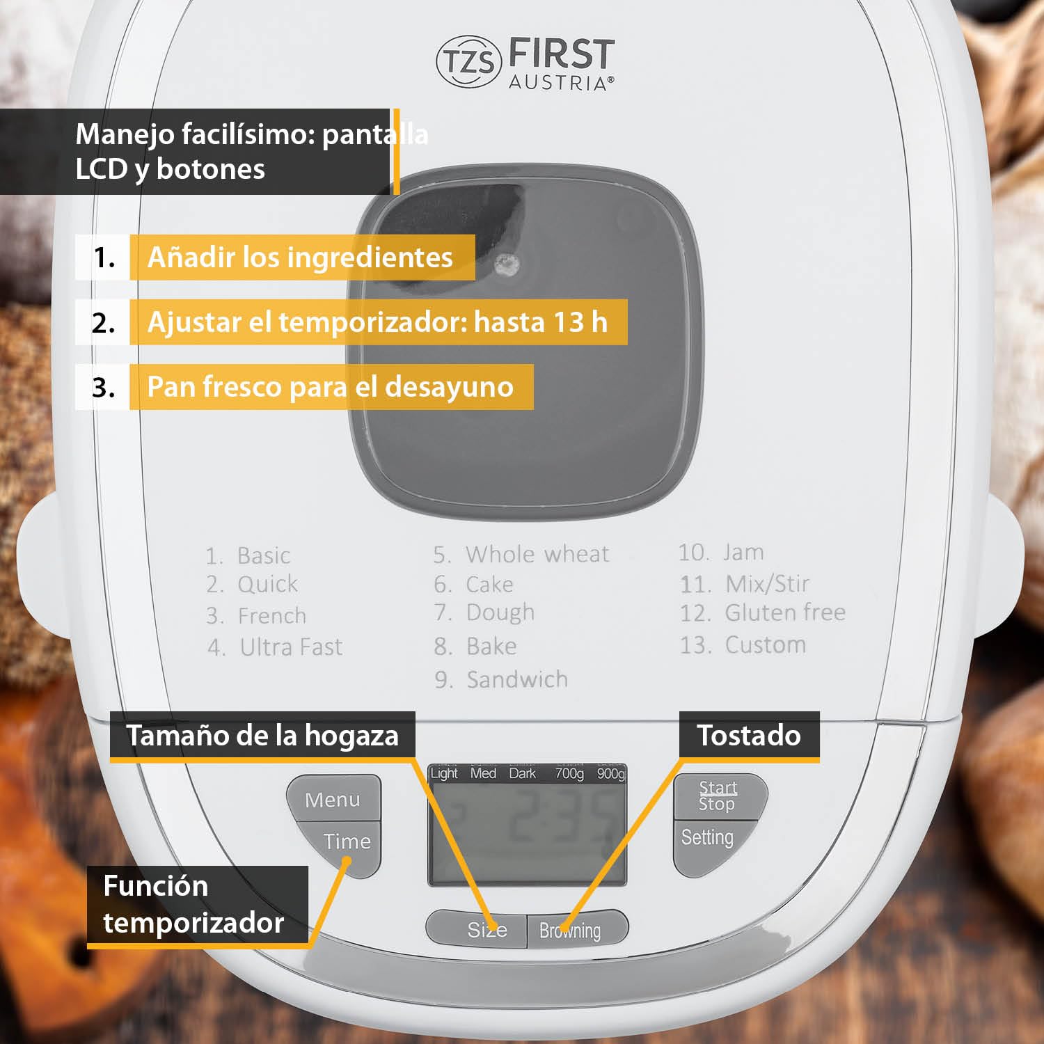 TZS First Austria - Panificadora Eléctrica 900g - 13 Programas Automáticos - Control de Tostado - Temporizador y Función Mantener Caliente - Calidad Vienesa - Blanco
