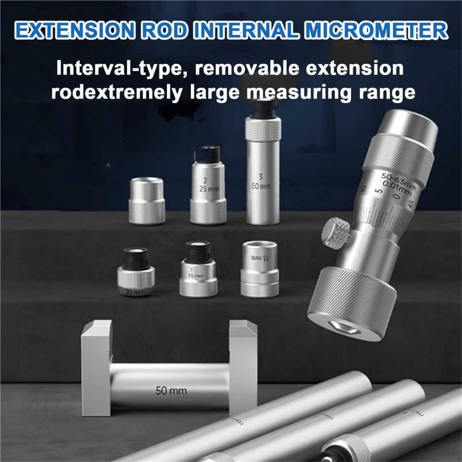 Micrómetro interior, vernier tubular, precisión de 0,01 mm, 50-1000 mm
