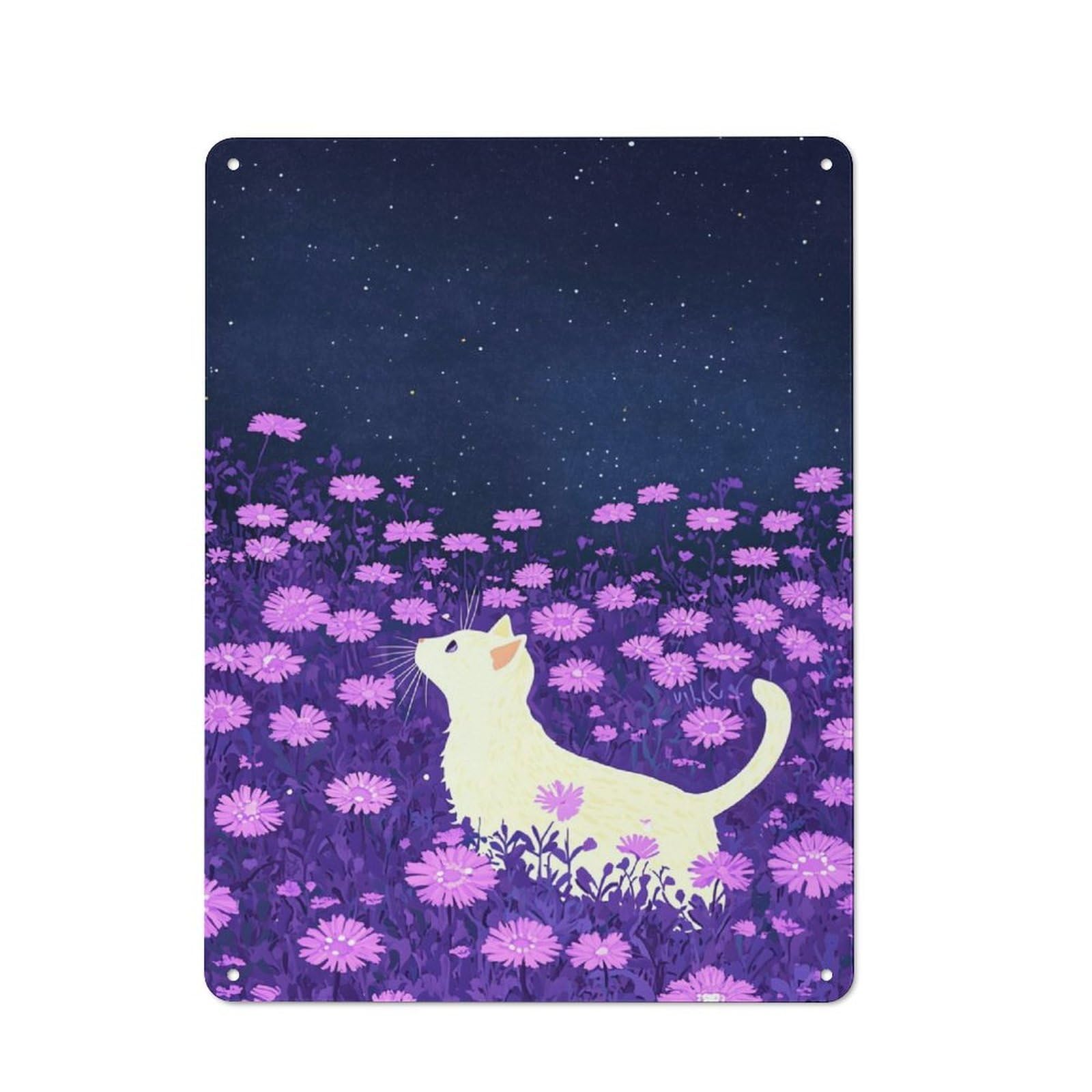 Junmoney A Cat In Violet Field Country Vintage Metal Wall Decor 40X30cm, Country Metal Sign For Kitchen, Cottage, Porch Or Garden Room