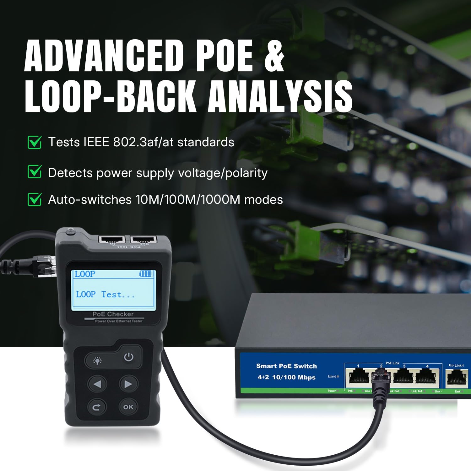 Tester sieci z PoE, tester kabli sieciowych RJ45 z wyświetlaczem LCD do stanu poprzecznego i przerwania kabli sieciowych Cat5/Cat6, test napięcia i prądu