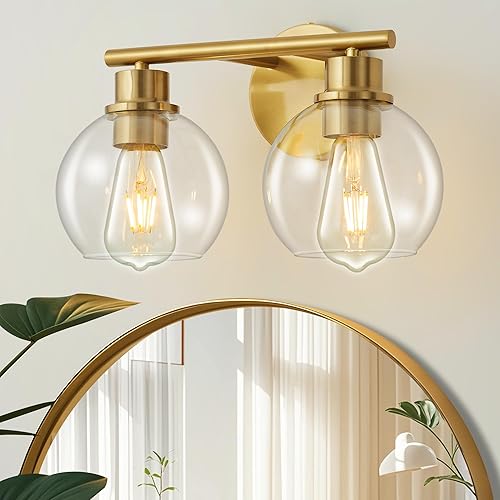 Lámparas de baño sobre espejo, 2 luces, lámpara de tocador de baño con pantalla de vidrio transparente de 13.8 pulgadas, aplique de pared dorado de