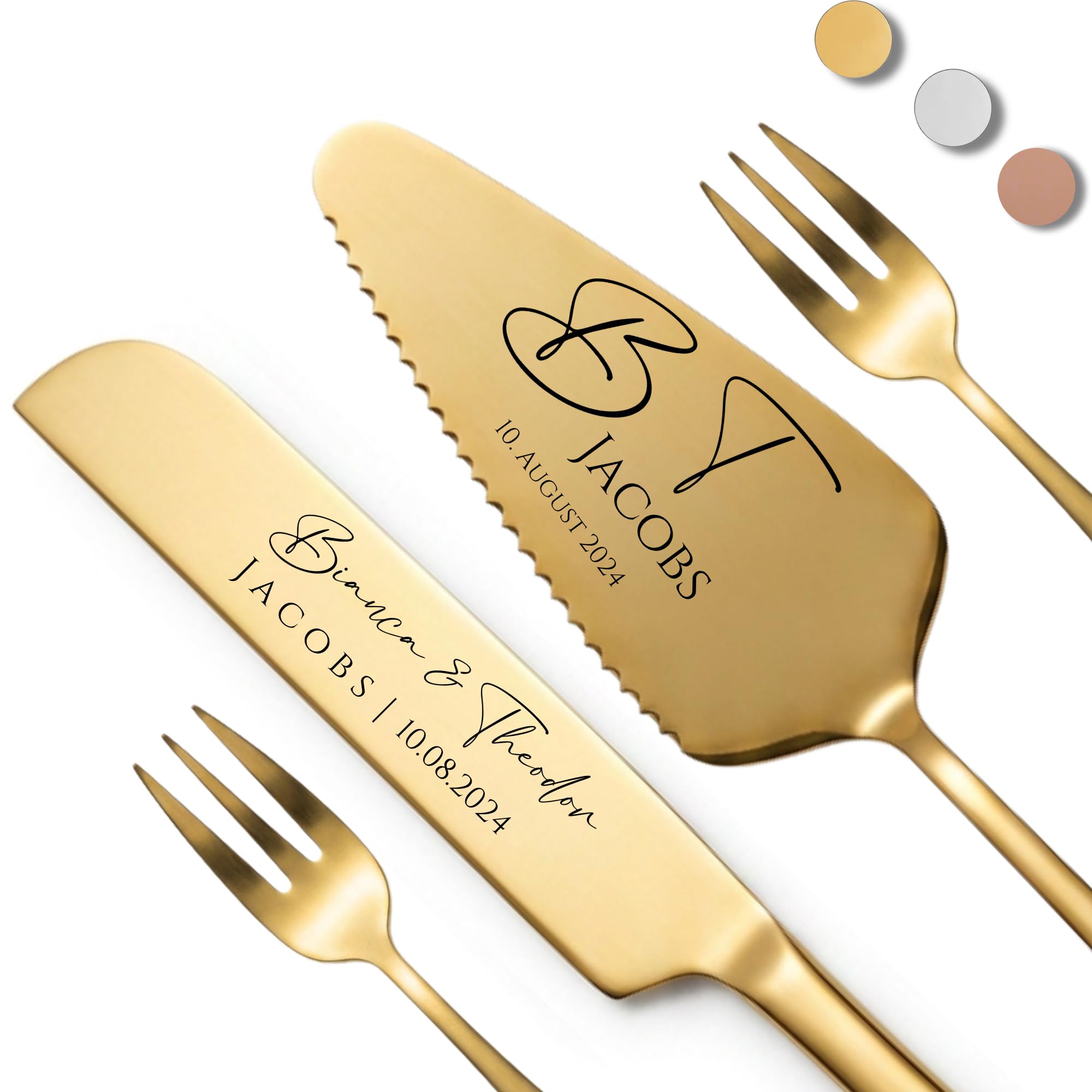 SMARTEON Let's Eat Cake Cake-Server Set mit Tortenmesser und Personalisierter Gravur – Geschenke für Brautpaar, Geburtstag, Jubiläum,Konfirmation,Kommunion, Muttertag (Gold+Gabeln, Initialien)