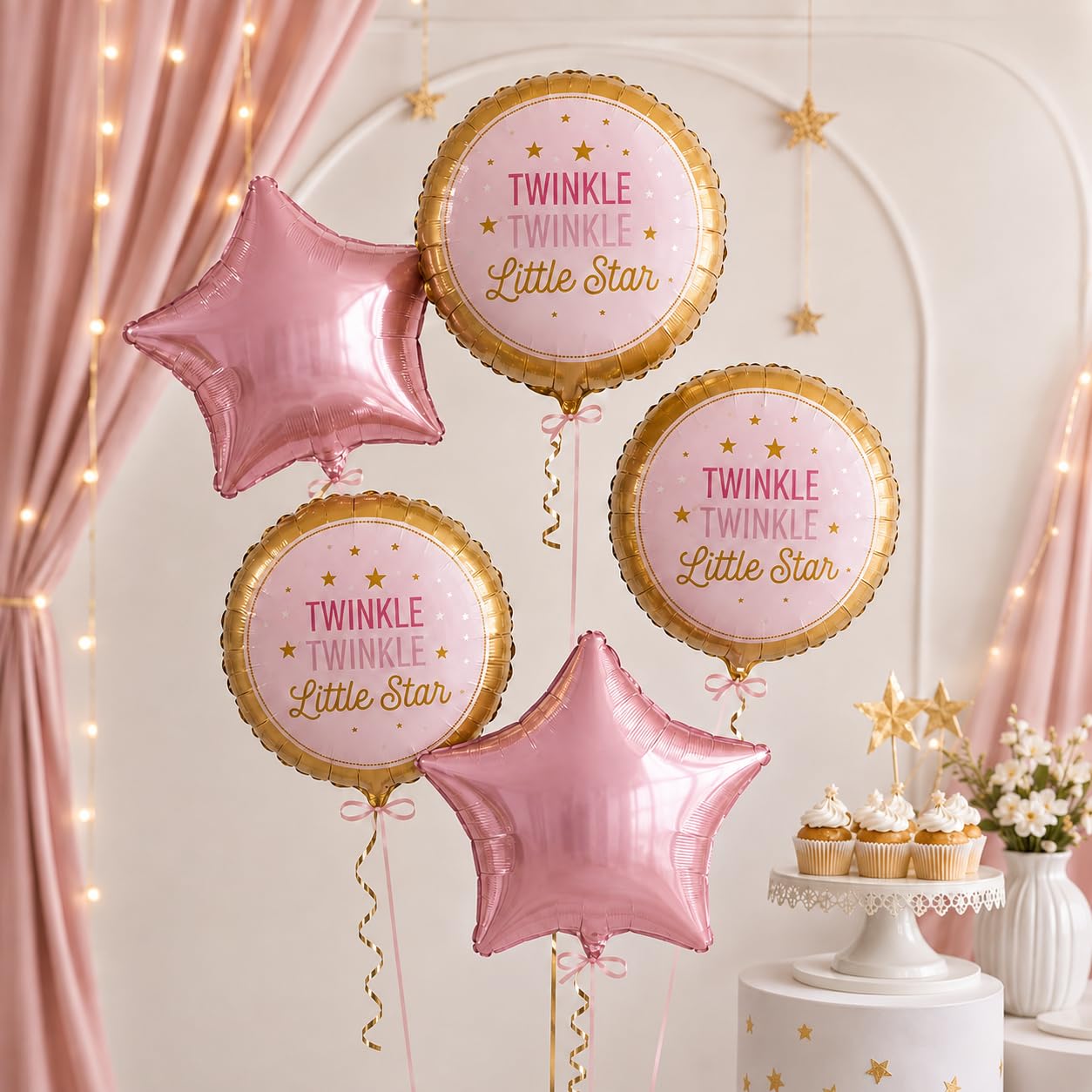 Foil Balloon Set for Party Decoration | Multicolor Aluminum Foil Balloons | Air & Helium Fill | Reusable Balloon Decoration (Twinkle-Pink-Ballon)-image-0