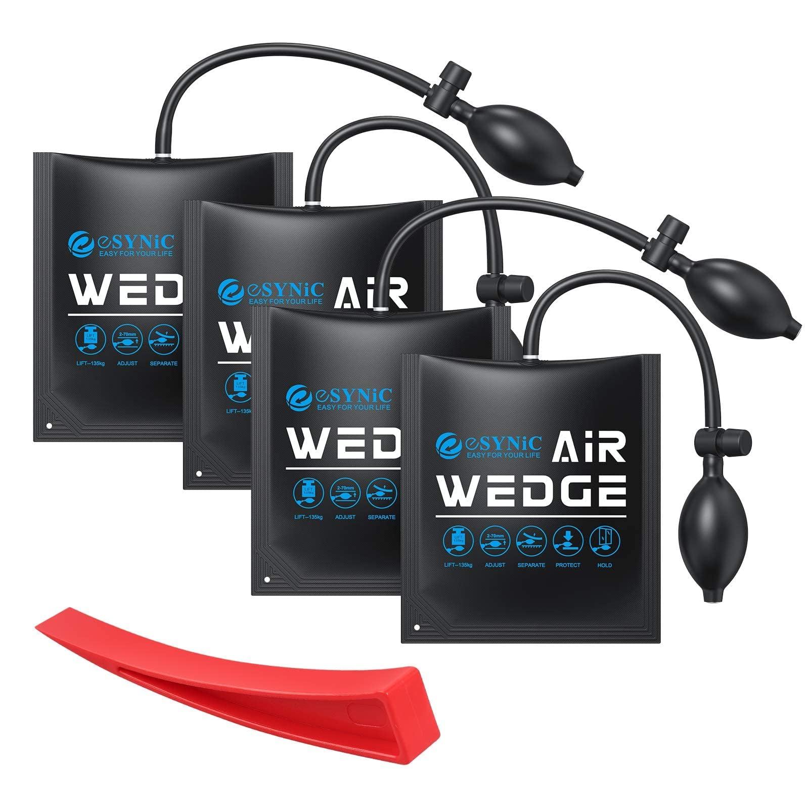 eSynic 4 Pack Heavy-Duty Air Wedge Bag Kit – 300lbs Polyurethane Rubber Door Lifting Bag with Quick-Release Valve & 6 Wedges Durable Air Shim Pump Up to 2