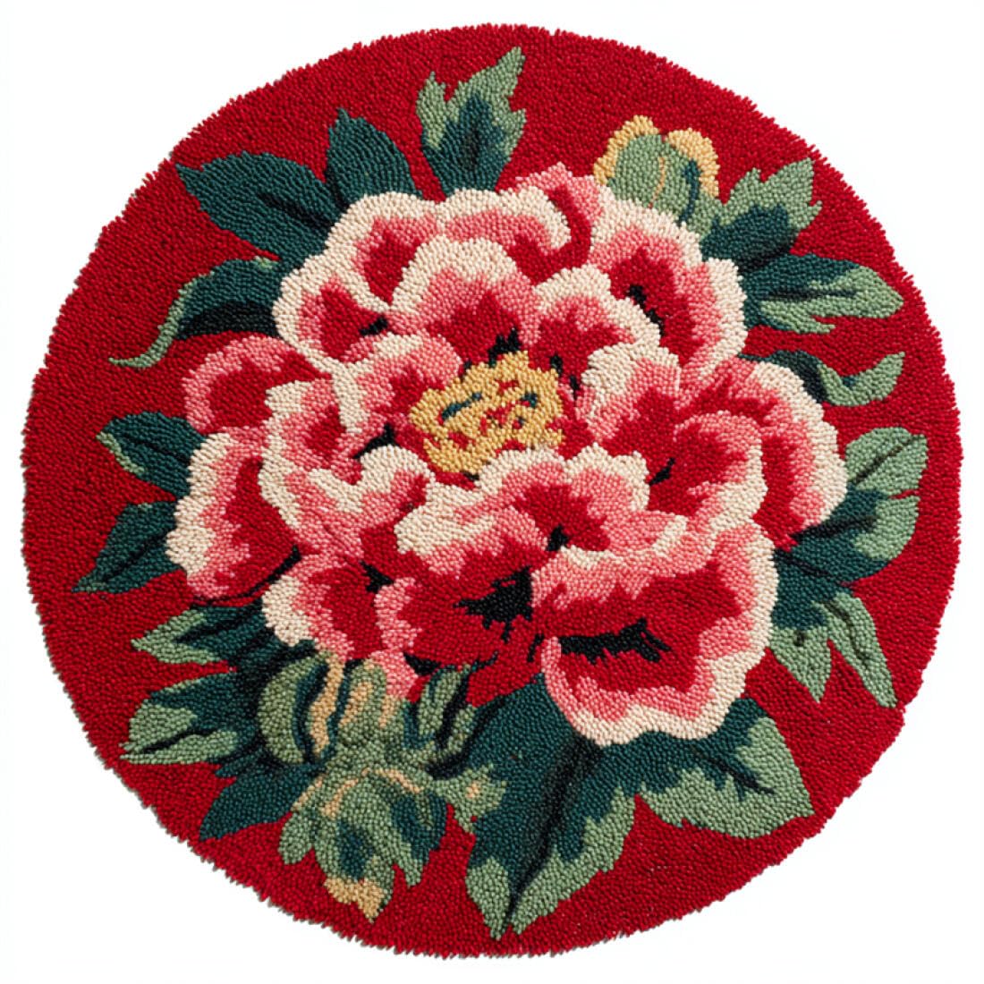 Rqwybcaxn DIY Latch Hook Rug Kit for Adults Flower Embroidery Kit Red Peony 50x50cm Round Tapestry with Crochet Hook Living Room Craft Gift