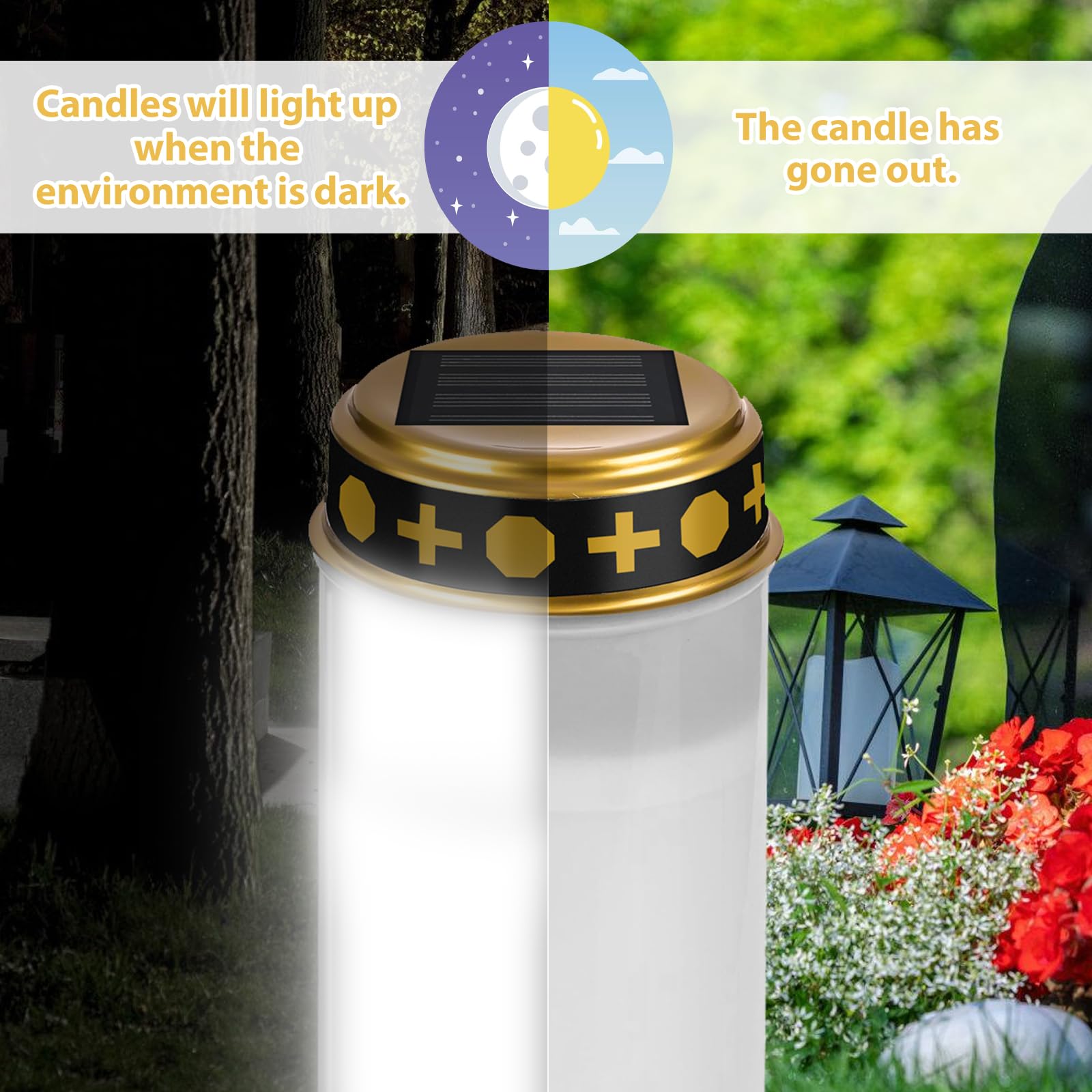 Vegena 4 Pièces Bougies Funéraires LED Solaires - Lanterne Cimetière Avec Tige De Support - Blanc