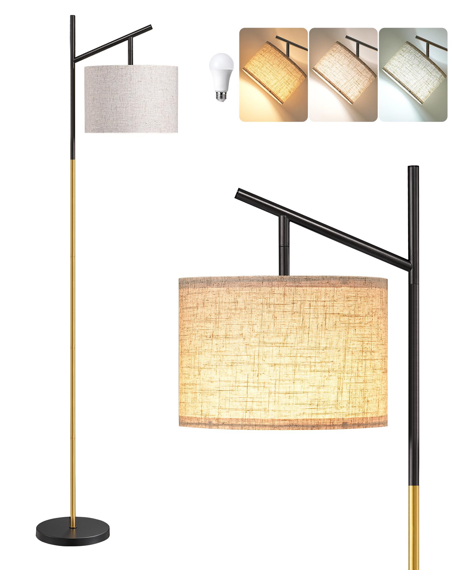 edishine modern floor lamps for living room, 64.7" minimalist standing lamp with 3 color temperatures bulb & adjustable linen shade, foot pedal switch, arc tall lamp for bedroom office, black gold