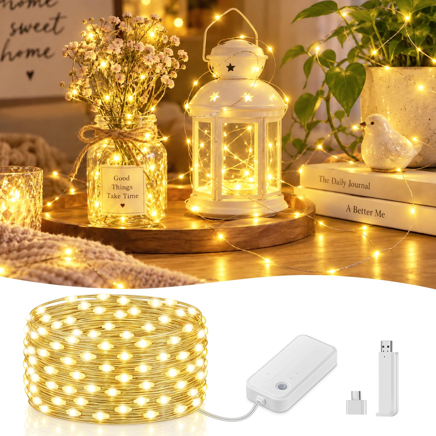 Lichterkette Batterie Rechargeable, 1x10M 100LED Lichterkette mit Remote | 2 Type-C/USB Rechargeable Batteries Wasserdicht Lichterketten mit 8 Modi Fernbedienung für Party Hochzeit Weihnachten Deko
