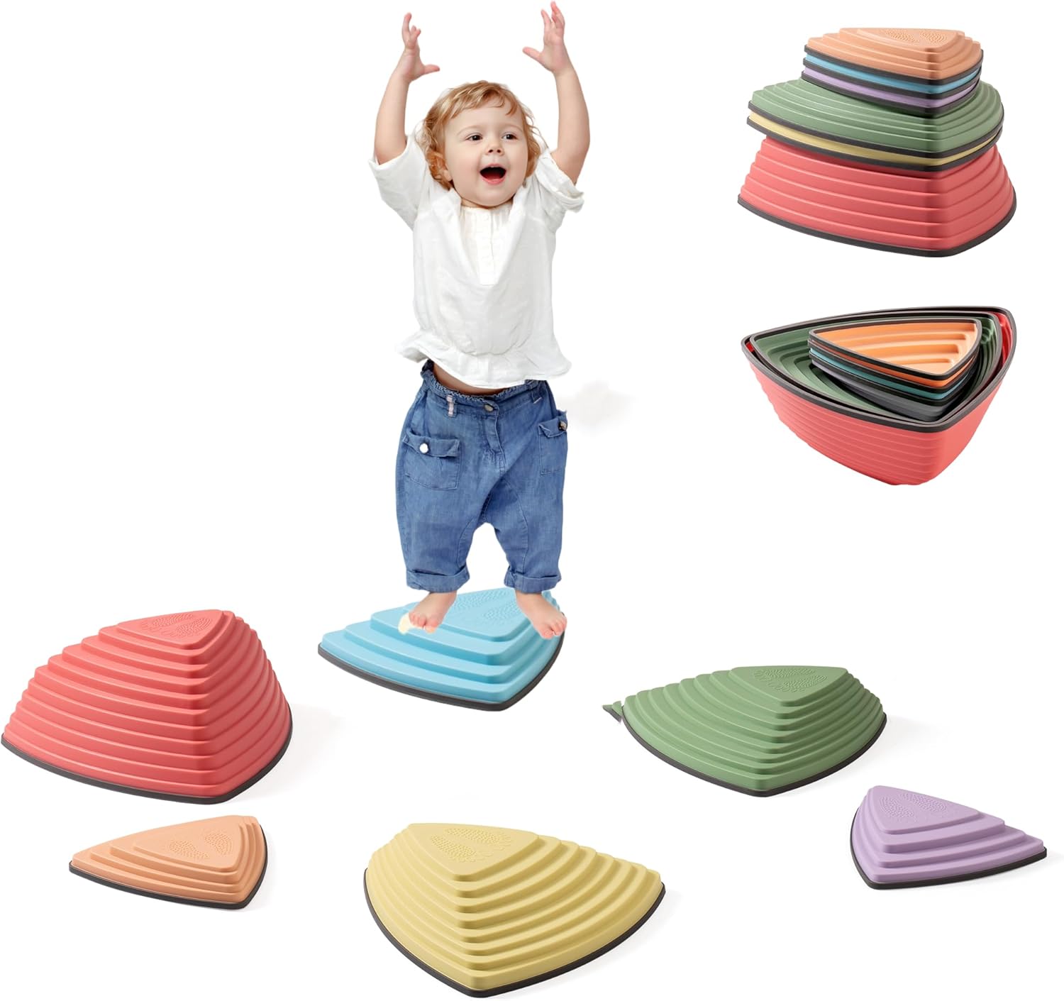 ROBOTIME Stepping Stones for Kids, 6 Pcs Non-Slip Plastic Balance River Stones, Indoor Outdoor Kids Play Equipment Toys Toddler Ages 3+, Sensory Play Toys for Indoor Outdoor