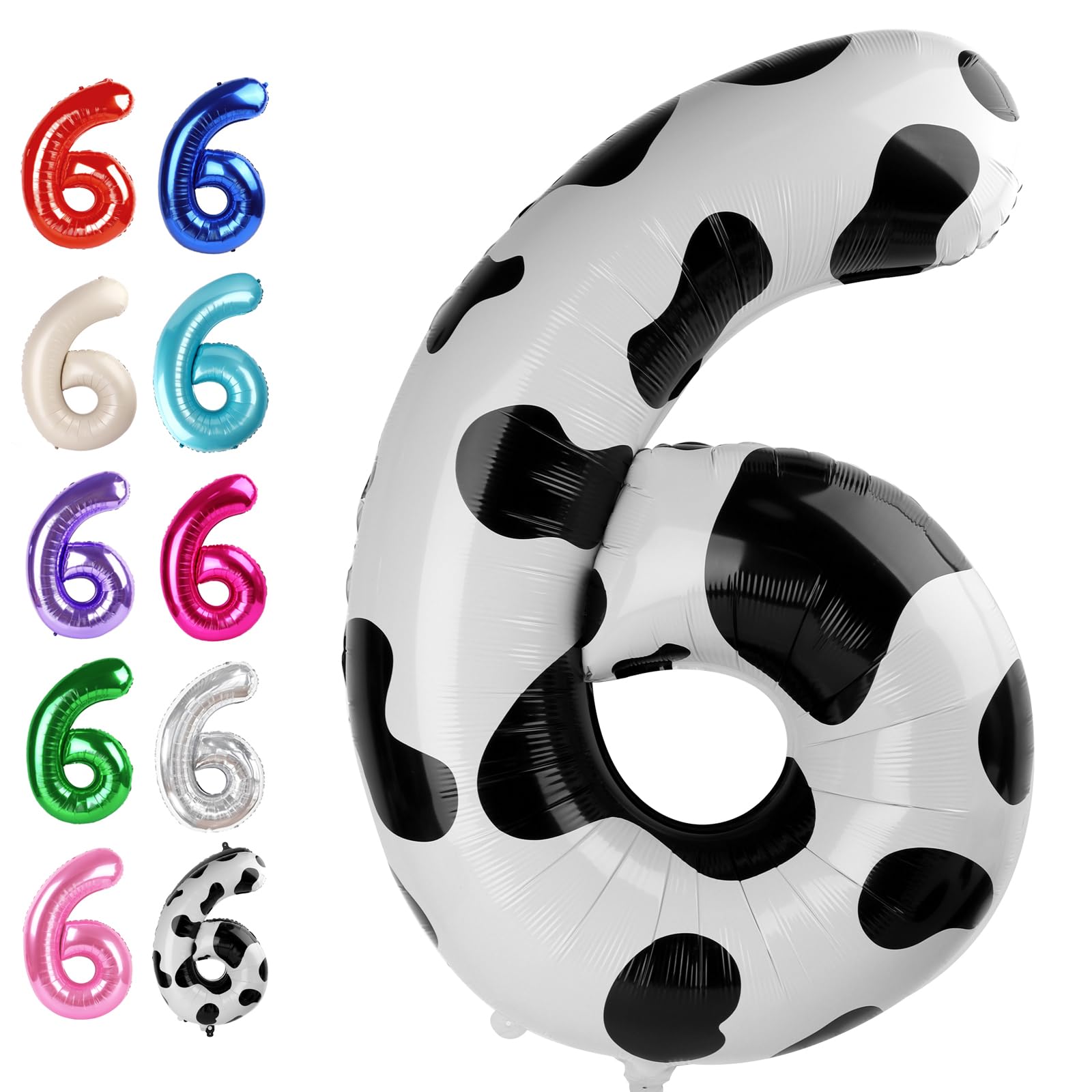40 Inch Cow Print Mylar Foil Number 6 Birthday Balloon, Digital Balloons for 6 16 Boy Girl Party Decorations Supplies, Big Helium Balloon Numbers for