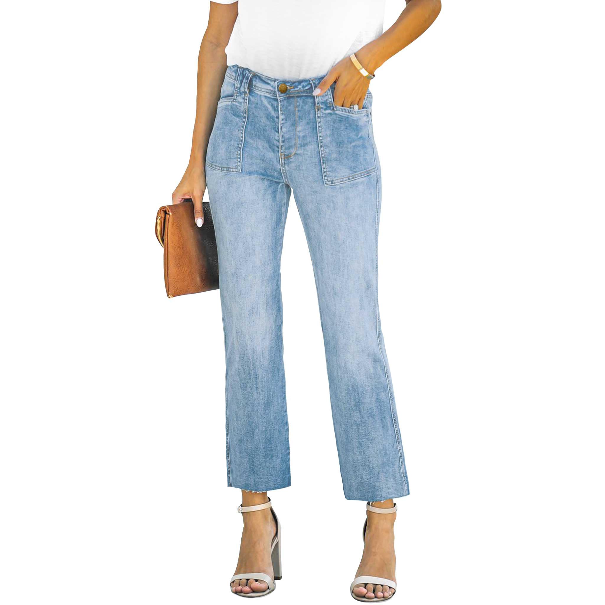 ALLABREVE Wide Leg Jeans for Women High Waisted Stretchy Denim Capri Pants Hem Cropped Baggy Straight Leg Jeans with Pocket