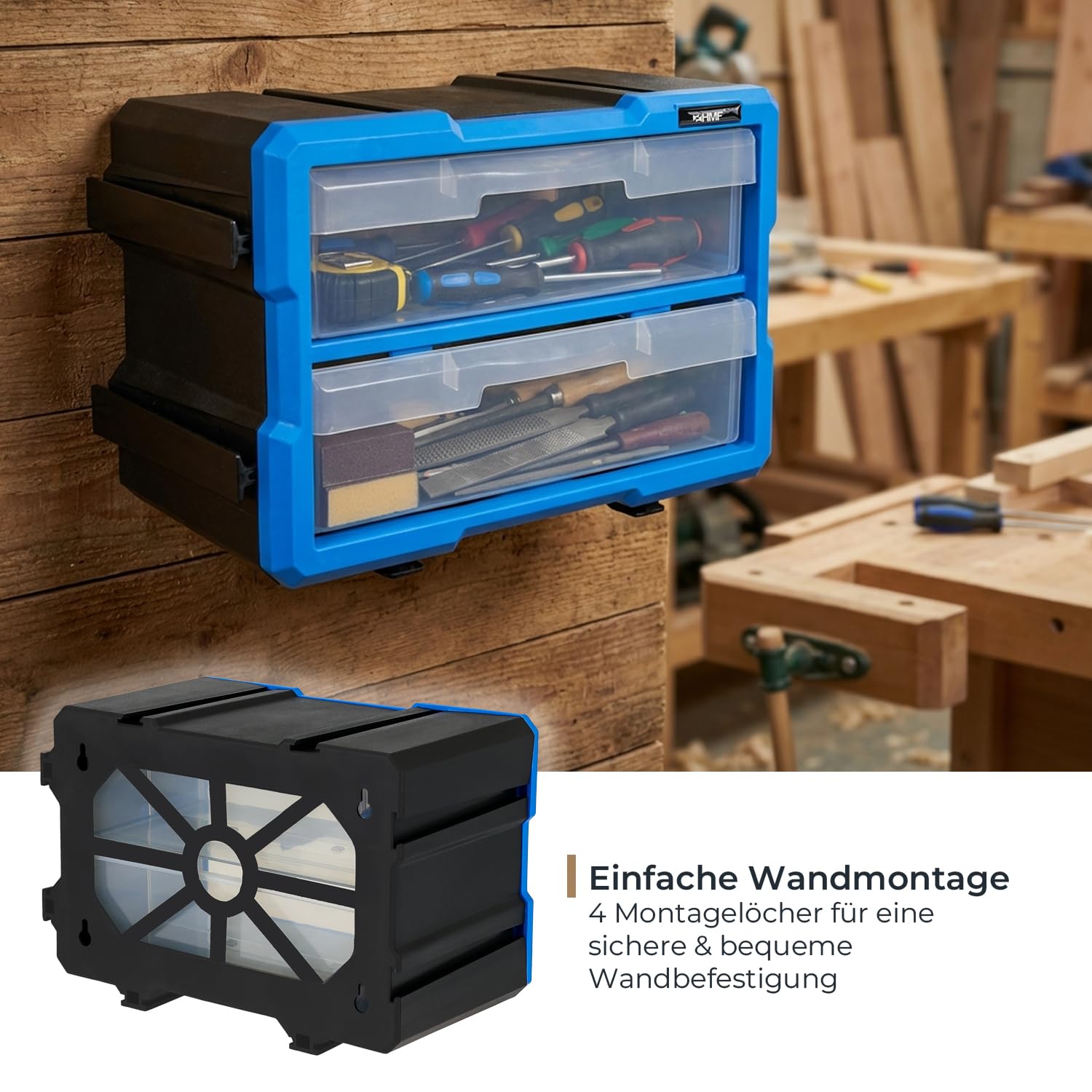 HMF Sortierbox für Kleinteile mit Schubladen, 3er Set, erweiterbarer Sortimentskasten für Schrauben und Werkzeug | 36 Fächer | 29,5 x 19,5 x 16 cm | Blau-Schwarz