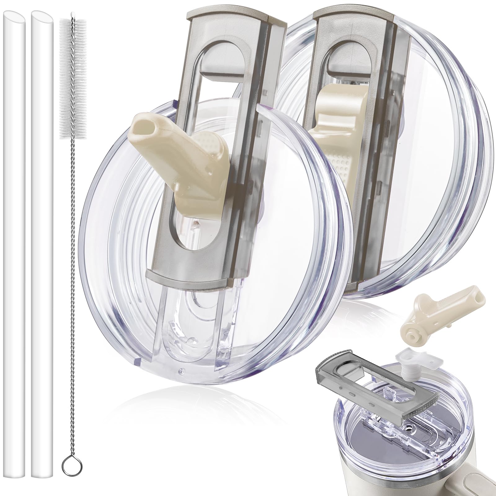 2 Pack Detachable Flip Straw Lid Replacement for 40 oz Stanley Quencher H2.0 & ProTour, Leakproof Spill Proof Lids Straw Cover for Stanley Cup Accessories 40oz, Easy to Clean (Cream, Cream)