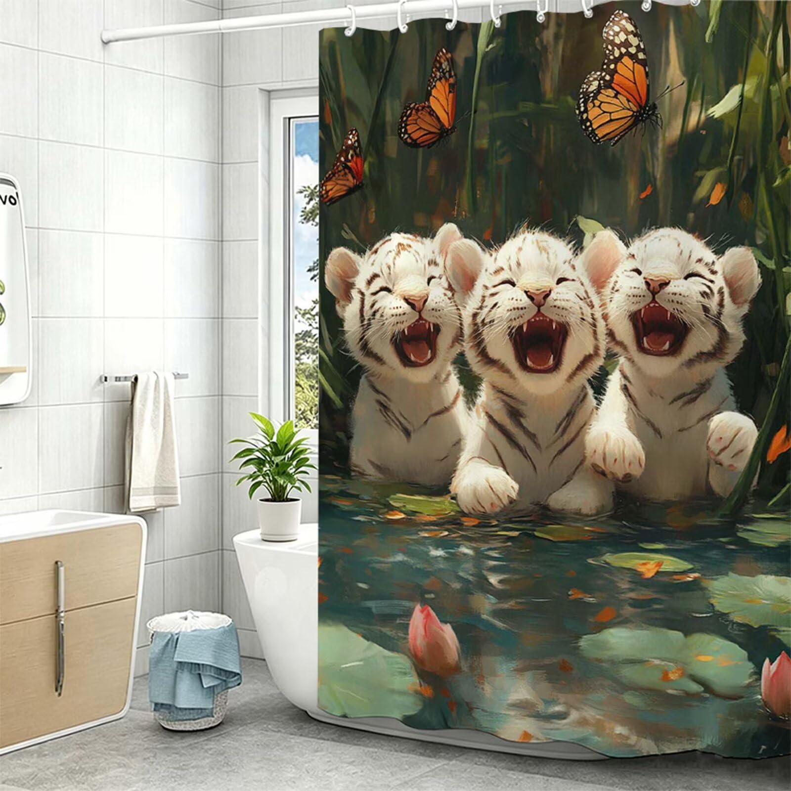 Tenda Doccia in Poliestere verde, Tende per Doccia Extra Lunga 180x240cm, tigre Tenda Vasca da Bagno Tessuto Lavabile, Impermeabile e Facile da Pulire, con 12 Ganci, Decorazione per Bagno, Hotel Z-42