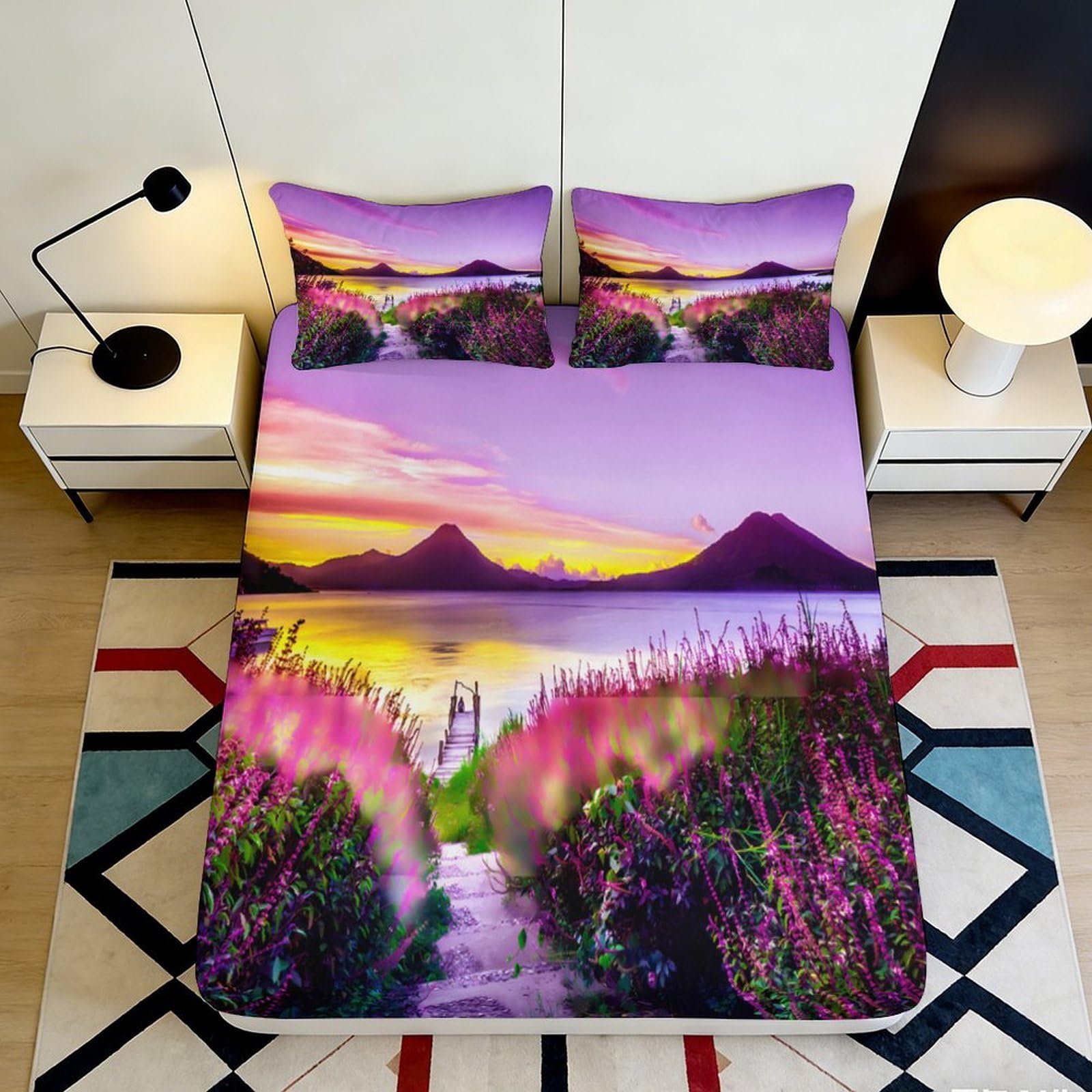 Pnayamiorkfel Style-2 3D Printed Sunset Lake View Fitted Sheet Microfiber Purple Mountain Floral Bed Cover For Bedroom Guest Room Decor 90X200x25cm