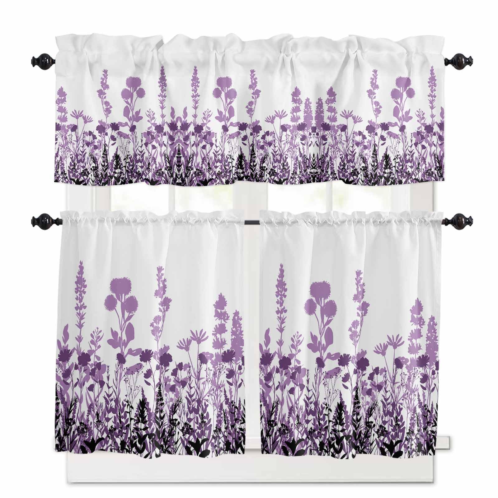 Purple Flowers Kitchen Curtains 36 Inch Length,3 Piece Rod Pocket Small Half Tiers and Valance Set,Spring Farmhouse Botanical Floral Herbs Small Large Window Treatment Decor for Bedroom/Bathroom Sink