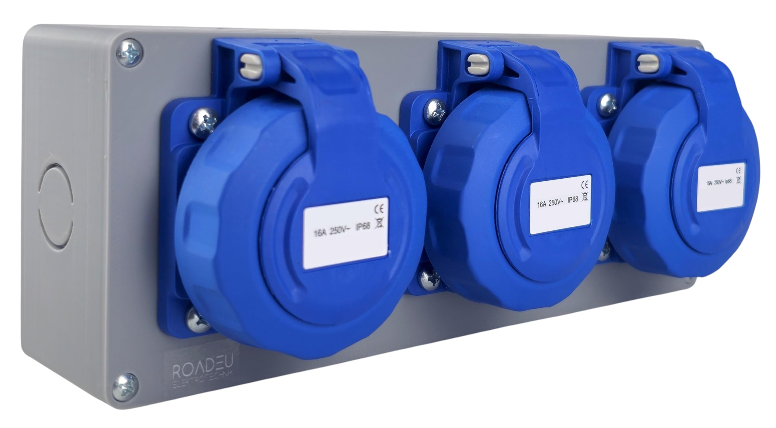 RoadEu – Steckdosenverteiler 3x Schuko 230V | Stromverteiler 16A IP65 Wasserdicht | Außensteckdose | Baustromverteiler mit 2,5mm² Verdrahtung & EU-Komponenten