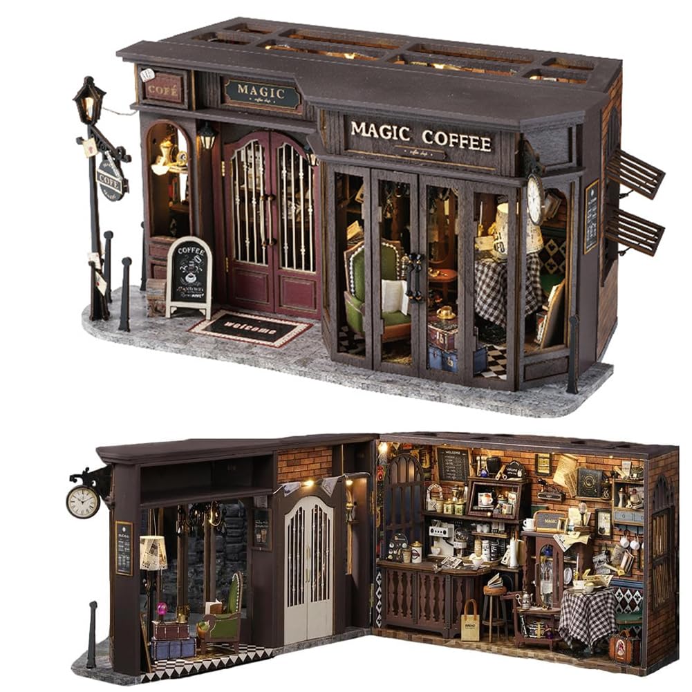 Miniaturowy zestaw Magic Coffee Shop domek dla lalek, drewniany zestaw do domku dla lalek, miniaturowy zestaw domków ze światłem LED, kreatywny pomysł na pokój dla dorosłych