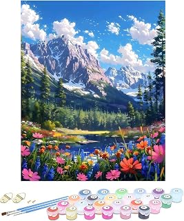 Miairivy DIY Paint by Numbers Kit for Adults & Beginners, Snowy Mountain Flowers Easy Paint by Number Kits, 16 X 20 inches Large Size Colorful Canvas for Home Decor