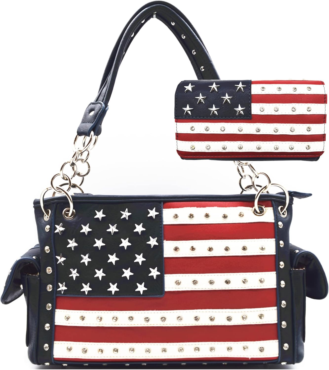 American Flag USA Stars and Stripes Patriotic Leather Purse Women Rhinestone Country Handbag Wallet Set Red White and Blue