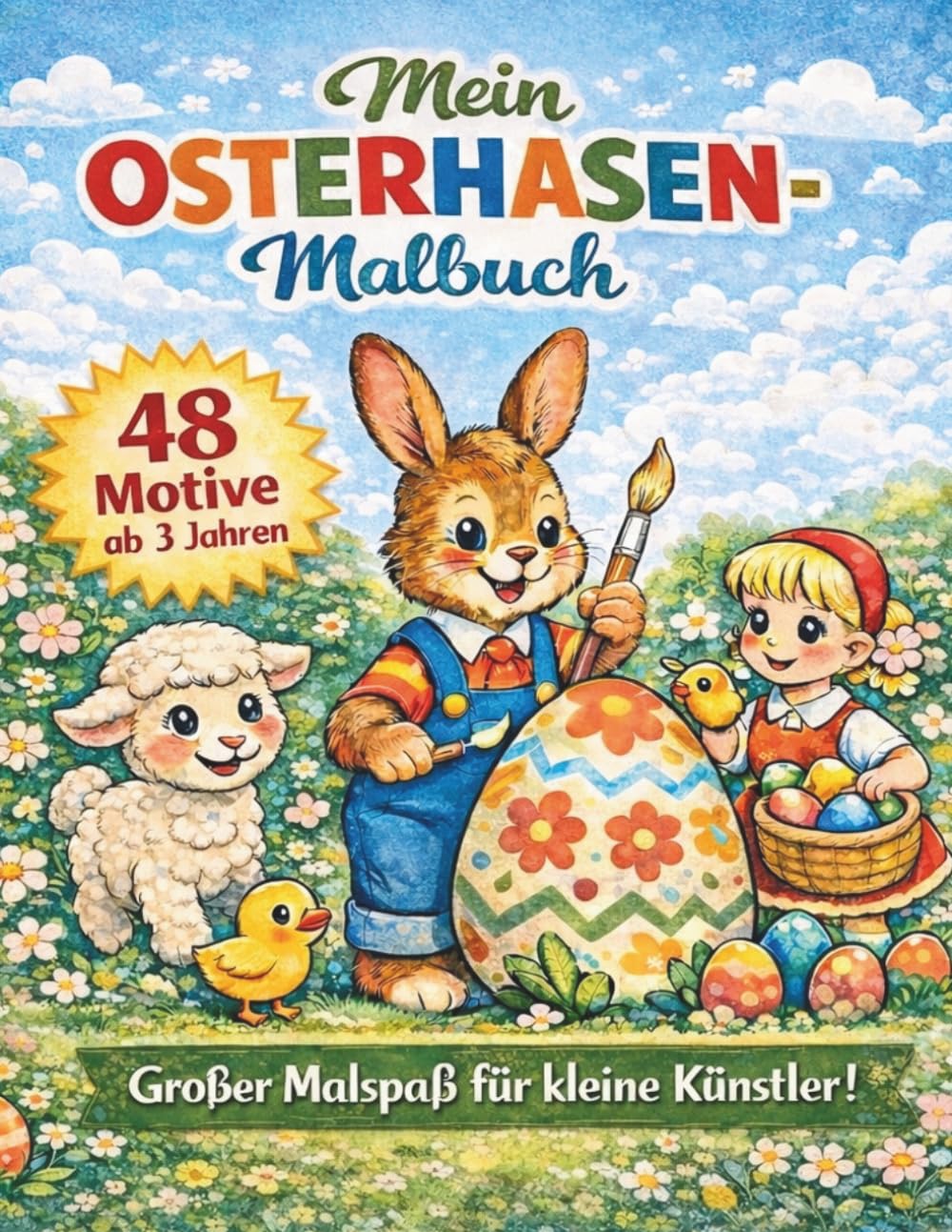 Mein großes Osterhasen-Malbuch: 48 süße Ausmalbilder für Kinder ab 3 Jahren – Hasen, Küken, Lämmer und fröhliche Ostermotive | Kreativer Malspaß für Mädchen und Jungen