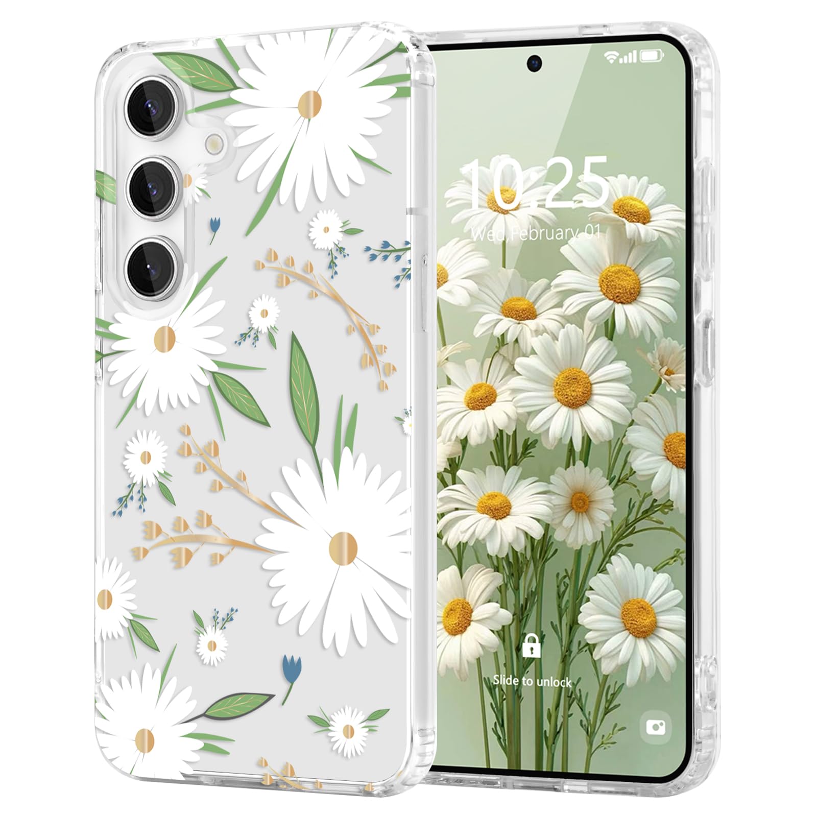 Pepmune for Samsung Galaxy S24/S25 Case Floral, Cute Clear Flower Cover for Women Girls Elegant Soft Slim Transparent Luxury Gold-Plated Shockproof