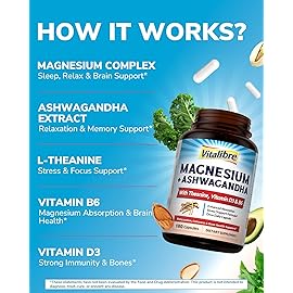 Vitalibre Magnesium Complex with Ashwagandha & L-Theanine - Stress Relief, Bone & Nerve Support - w/Vitamin D3, B6 - Glycinate, Citrate, Malate, Taurate - 180 Vegan Capsules, Non-GMO, Gluten Free