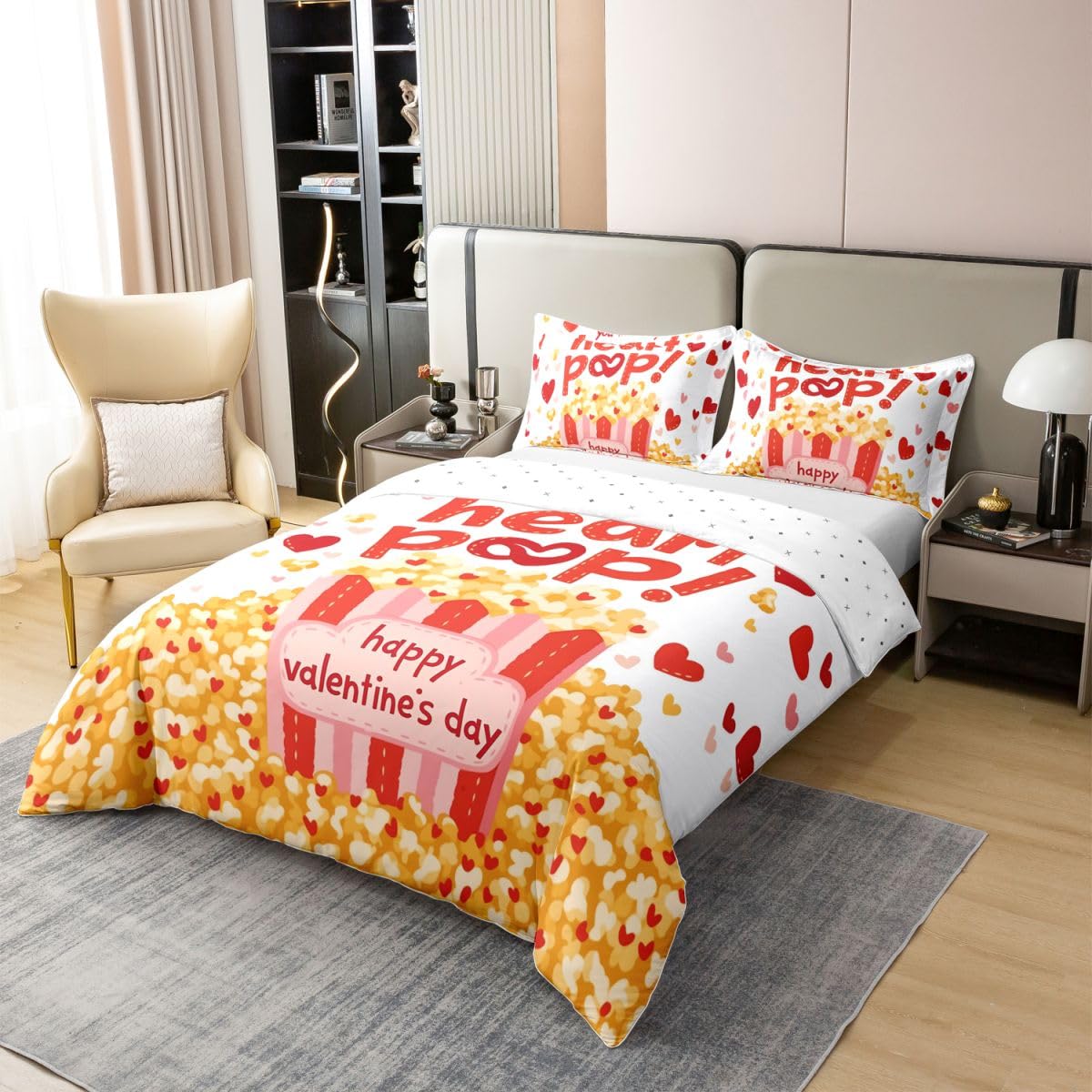Homewish Popcorn - Set copripiumino super king size con 2 federe, in cotone rosso e giallo, set di biancheria da letto di lusso per festival, film, cinema, commedia