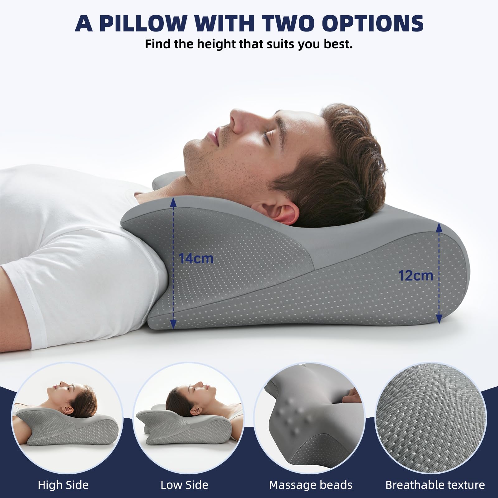 Cuscino cervicale, ergonomico, ortopedico, in memory foam, per chi dorme sul fianco, schiena e pancia, grigio puro