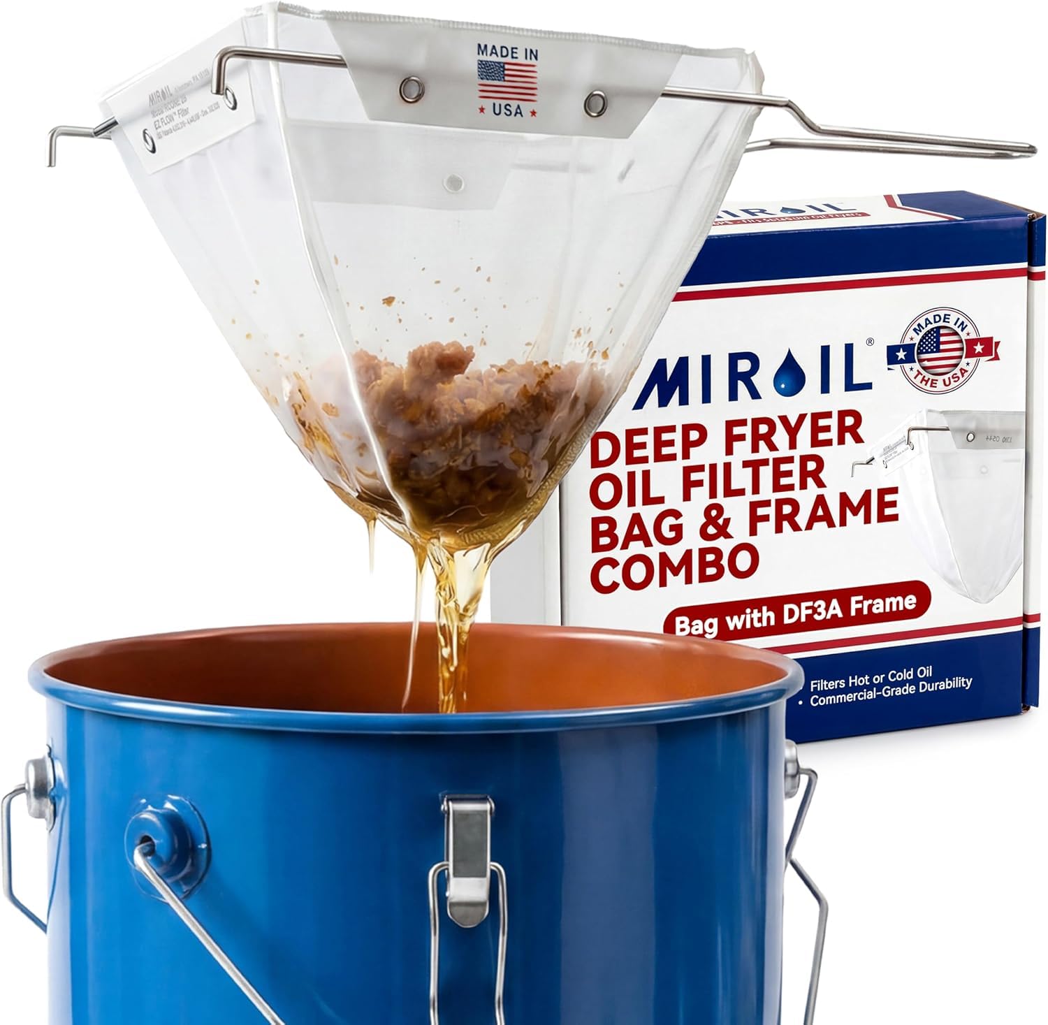 Miroil CONE2B Bolsa de filtro para freidora pequeña y marco de tamaño D, bolsa de filtro de flujo MirOil EZ y conjunto de combinación de marco, ideal para usar con carrito de aceite MirOil 30L,