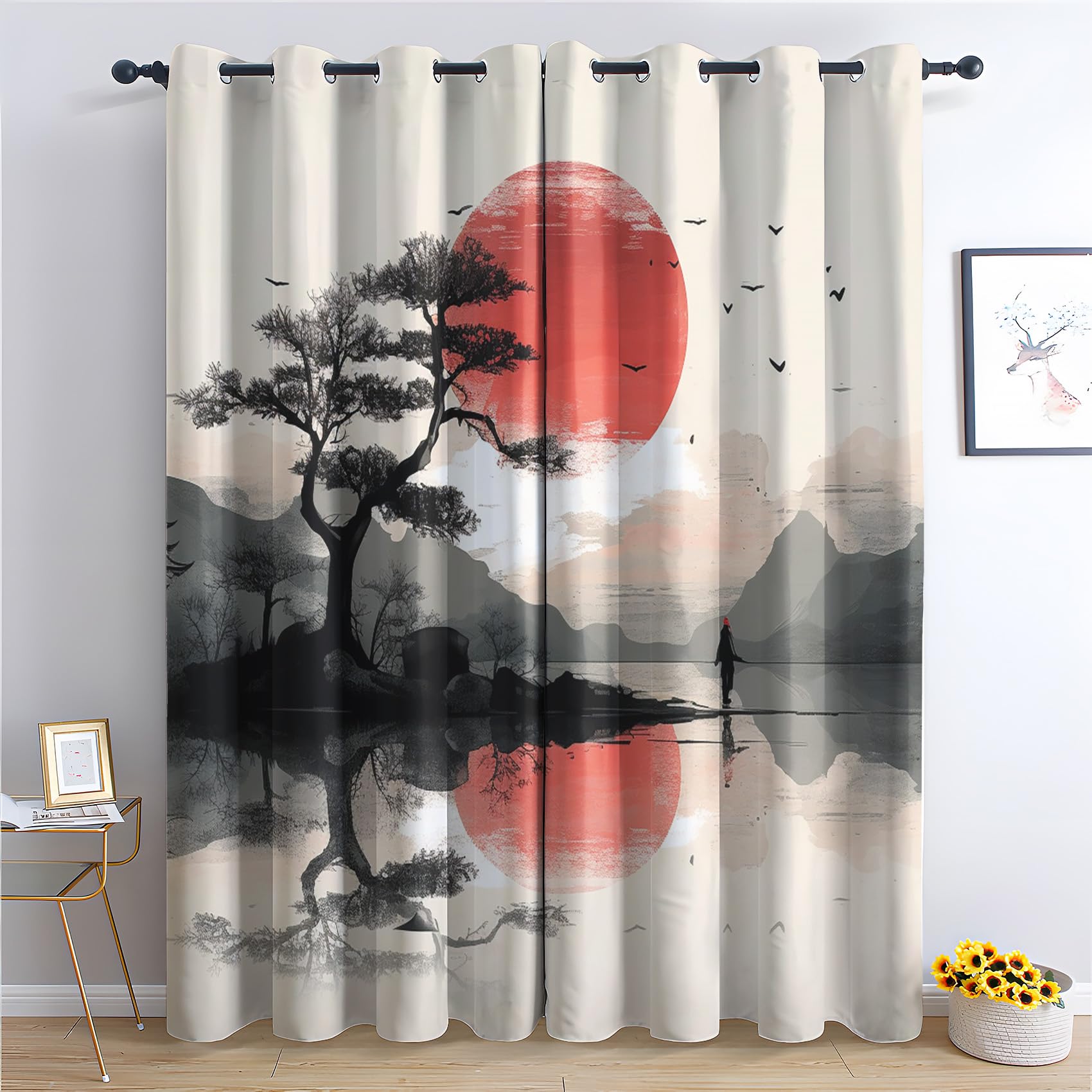 Rideau Occultant Paysage, Rideau Isolant Thermique pour Salon Chambre, Rideaux Motif Japonaise, Rideau Opaque à Oeillets, Lot de 2 Rideaux et Draperies Intérieur 140x240cm LxH