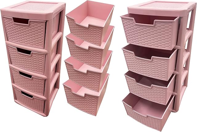 Large Rattan Pink 4 Drawer Plastic Modular Storage Tower For Home Schools Work Places (1)