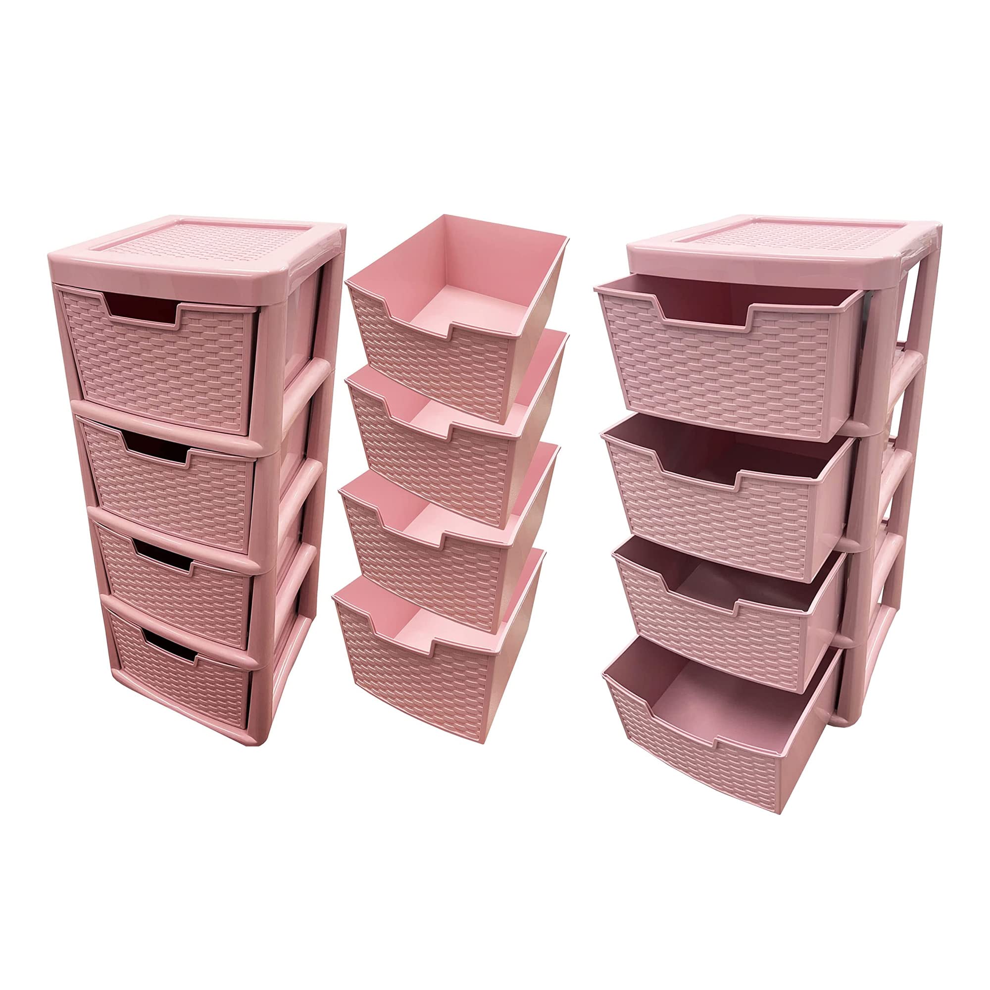 Pluto Packaging Pink Large Rattan 4 Drawer Plastic Modular Storage Tower For Home Schools Work Places (1)