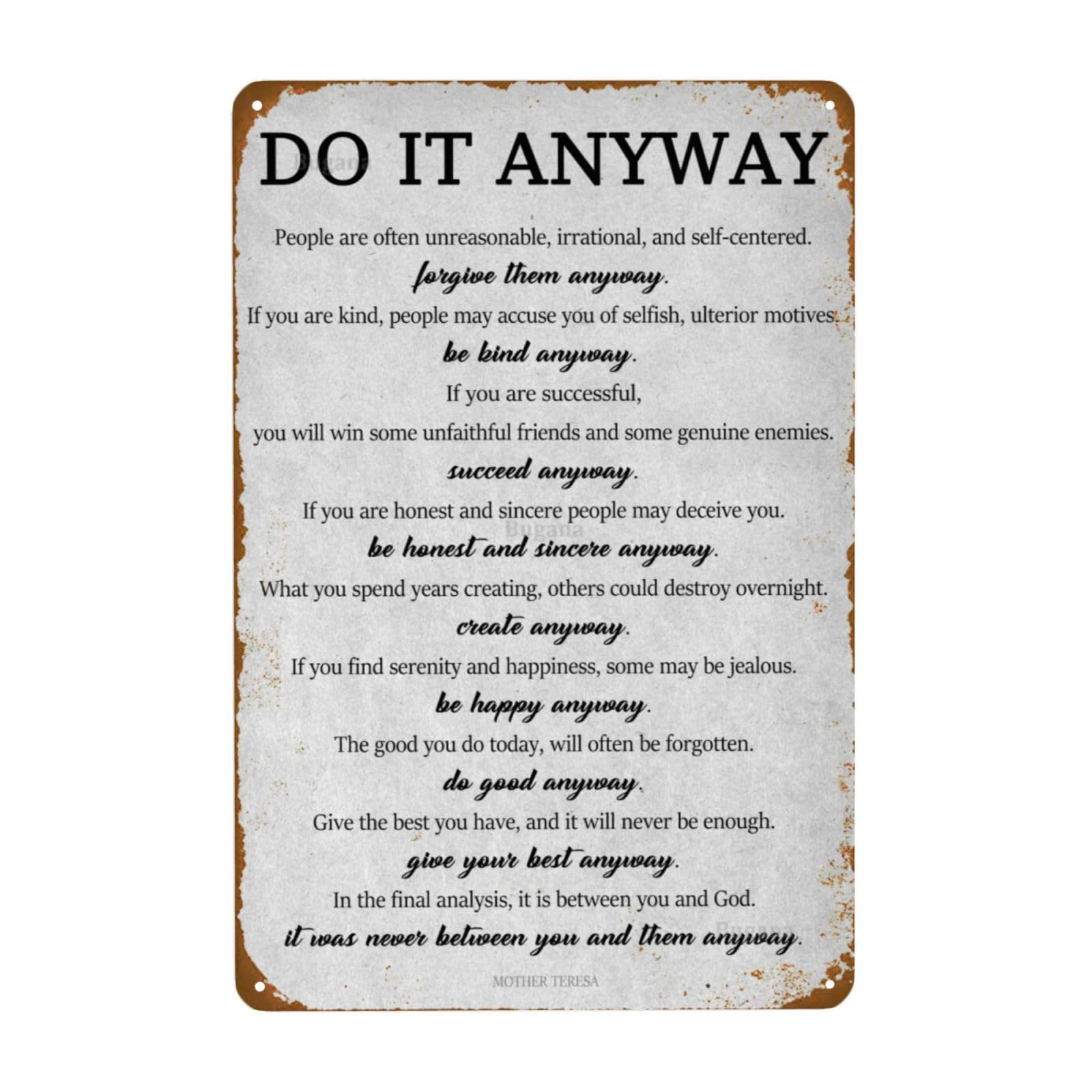 SMAZDFXX Do It Anyway Inspirational Motivational Quotes Vintage Metal Sign, Wall Art Decor Retro Posters Tin Signs for Man Cave Bar Garage Car Room Streets 8"x12"