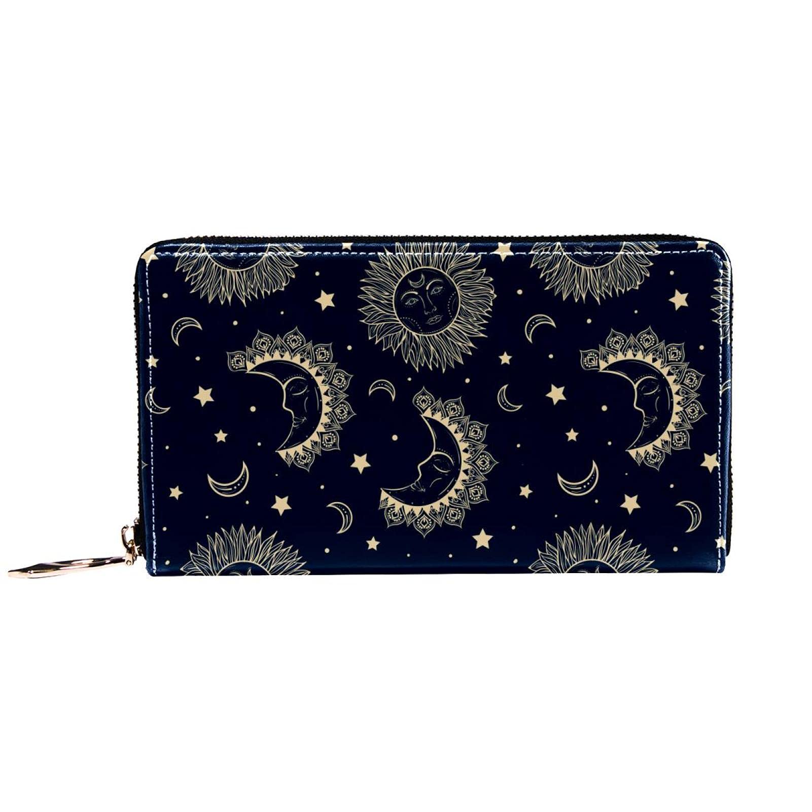 Women's Zip Around Wallet and Phone Clutch, Celestial Moon Sun Star Pattern,Travel Purse Leather Clutch Bag Card Holder Organizer Wristlets Wallets