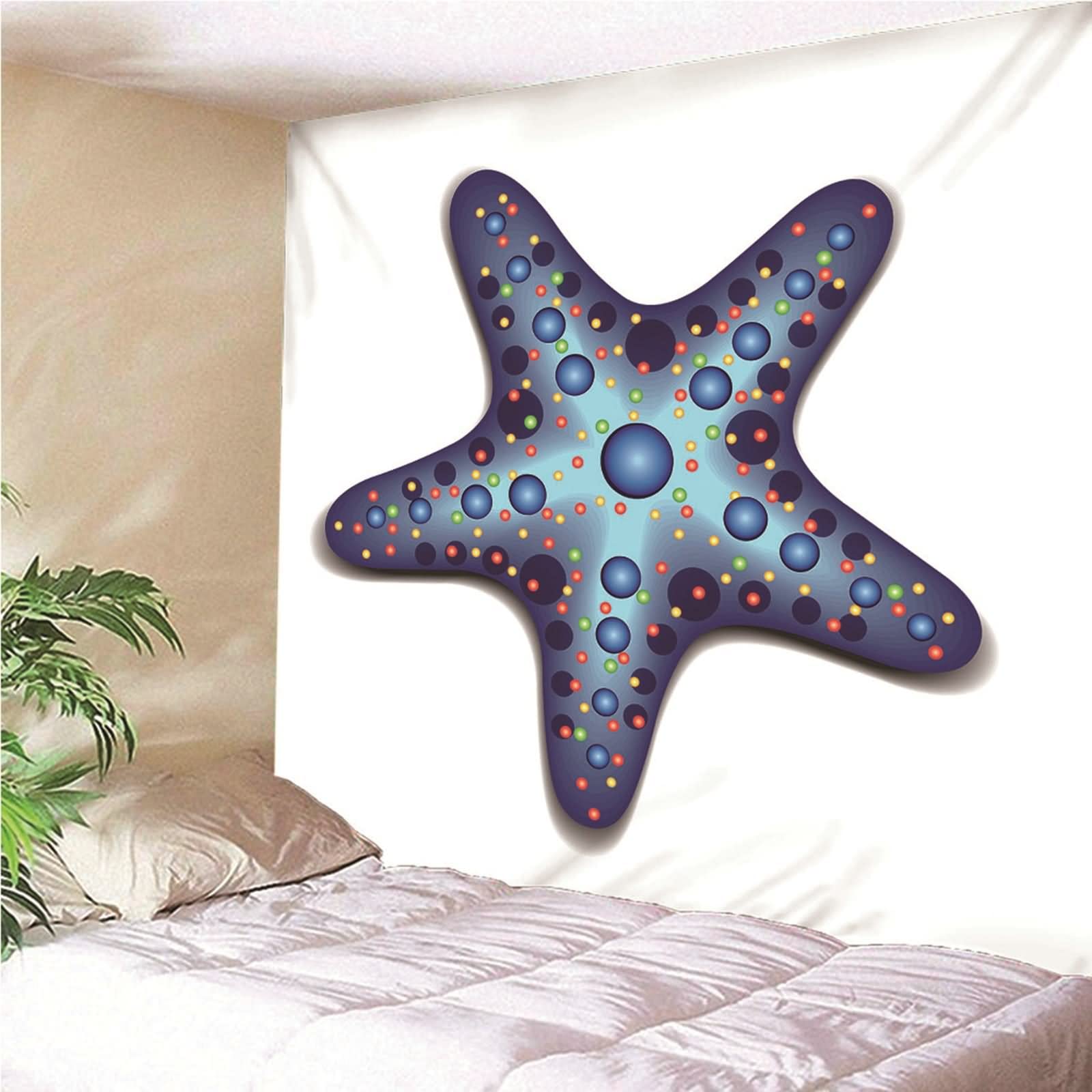 Tapices Macramé Grande, Decoración Navideña Exterior Estrella de Mar Poliéster Blanco Azul 150x130CM