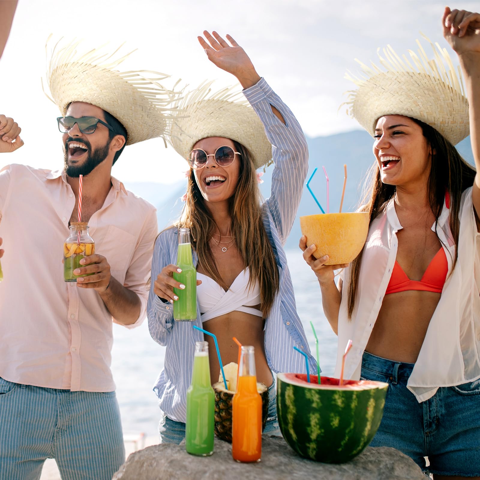 Patelai Lot de 4 chapeaux de paille hawaïens - Accessoire de costume de plage - Chapeaux pour fête sur le thème de la plage