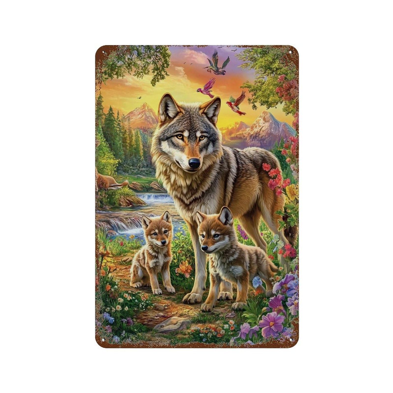 Wolf Family in Wildflowers-1 Weathered Tin Sign 11.8"x7.9", for Basement, Hobby Room And Garage Decor, Rustic Home Decor