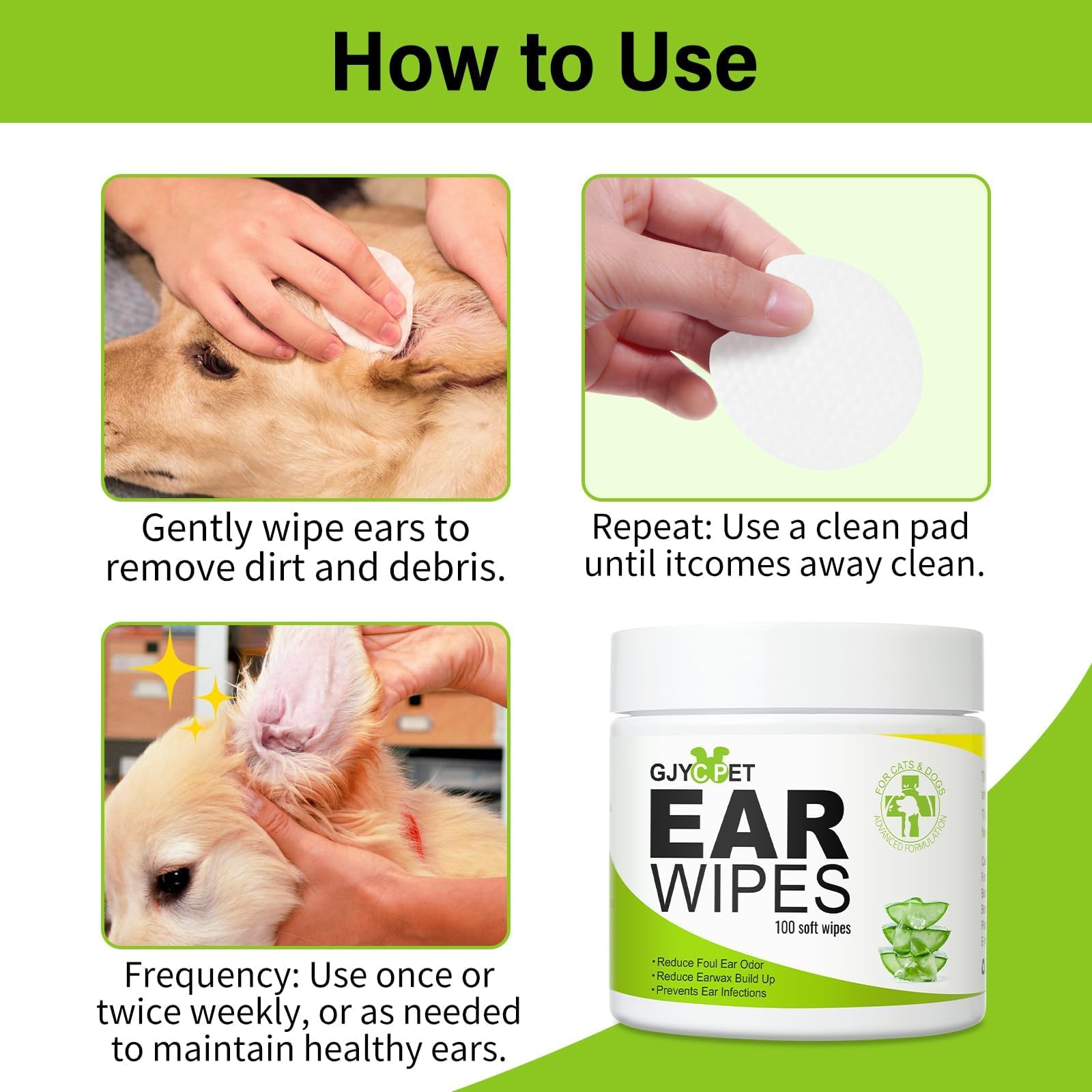Dog Ear Wipes - Cat Dog Ear Cleaner, Puppy Ear Wipes Wash Cleaner for Dogs Cats - 100 Wipes for Dog Cat Ear Cleaning, Remove Ear Wax Dirt Debris for Dogs Cats Ear Infection Treatment Wipes - image 7