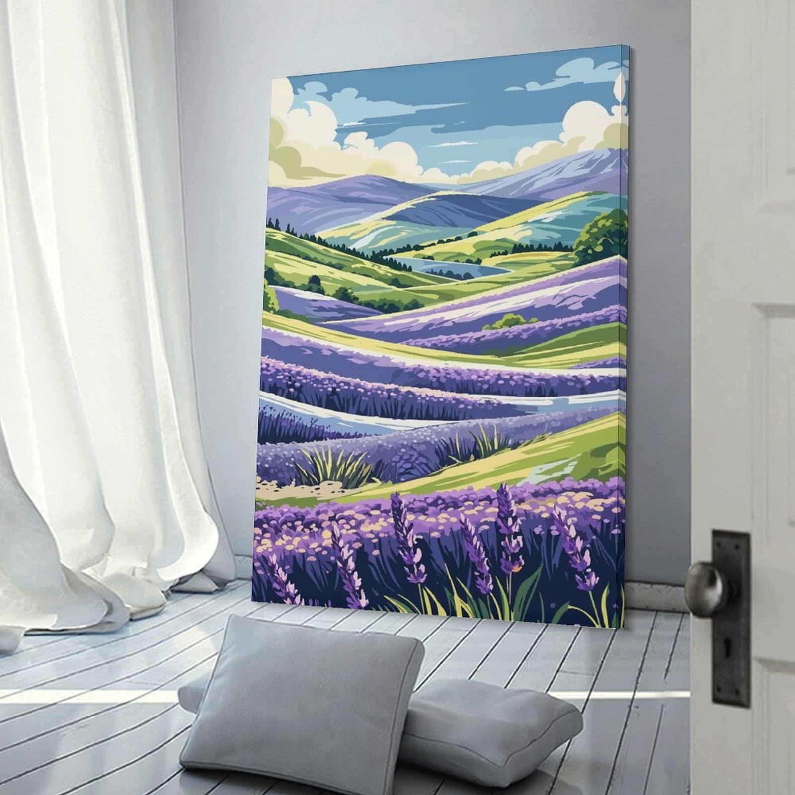 Junmoney Room Decor Wall Art Lavender Field Landscape Illustration, 20x30inch(50x75cm), for Hallway, Bedroom Or Modern Interiors, Gift Idea for Housewarming And Birthdays
