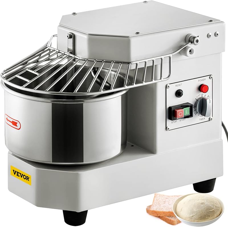 VEVOR Batidora de alimentos comercial, capacidad de 8,5 cuartos, amasadora de masa giratoria doble de 450 W con tazón de acero inoxidable apto para uso alimentario, protector de seguridad y temporizador incluidos, equipo para hornear para restaurante pizzería | Para panadería, pizzería, restaurante, amasadoras de masa giratorias dobles con recipiente de acero inoxidable apto para uso alimentario, escudo de seguridad