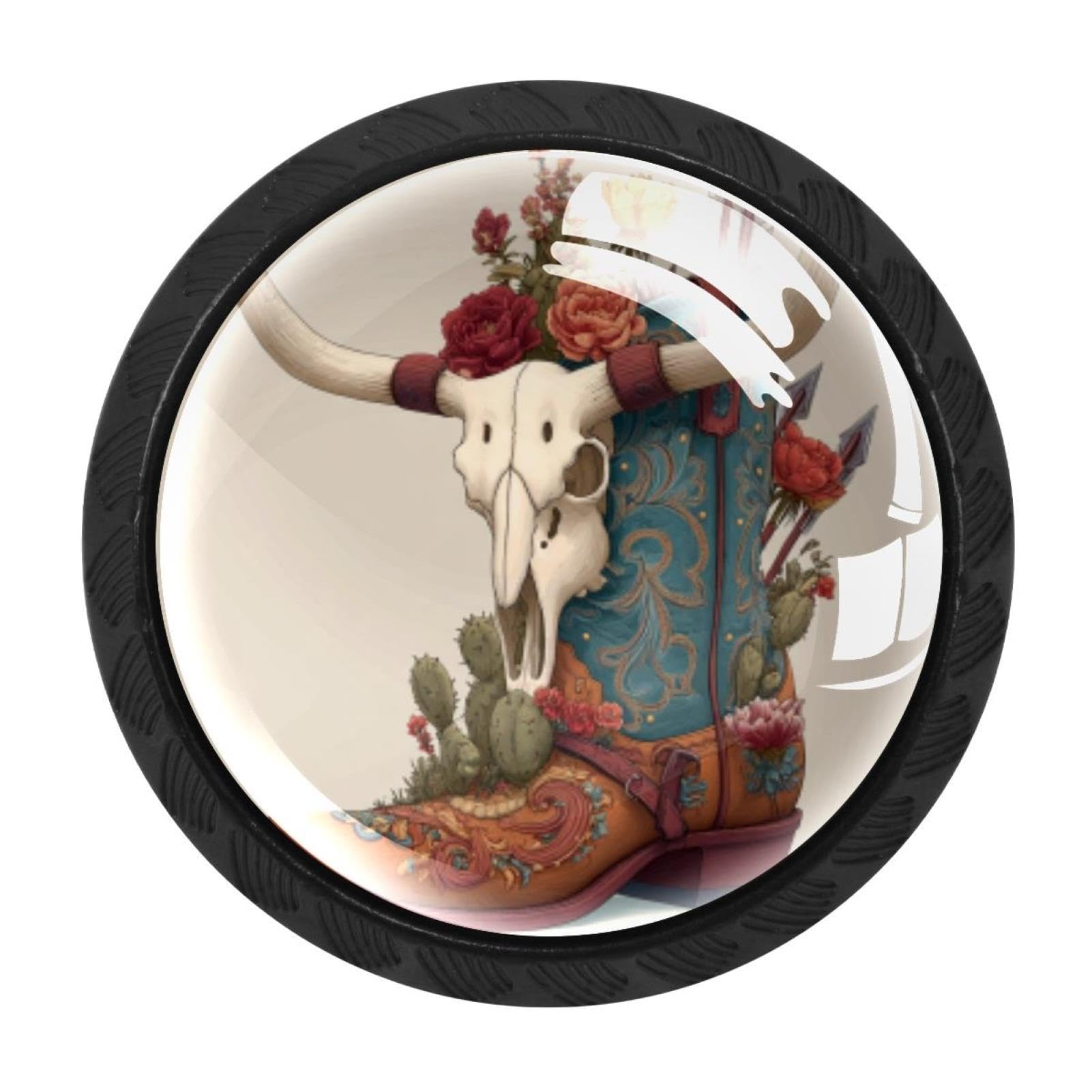 CHENZZZZ 4PCS Wild West Cowboy Boot Animal Skull Cacti (2) Dresser Knob Round Glass Drawer Knobs Pulls Cabinet Handle for Home Kitchen Office Bathroom Wardrobe Cupboard