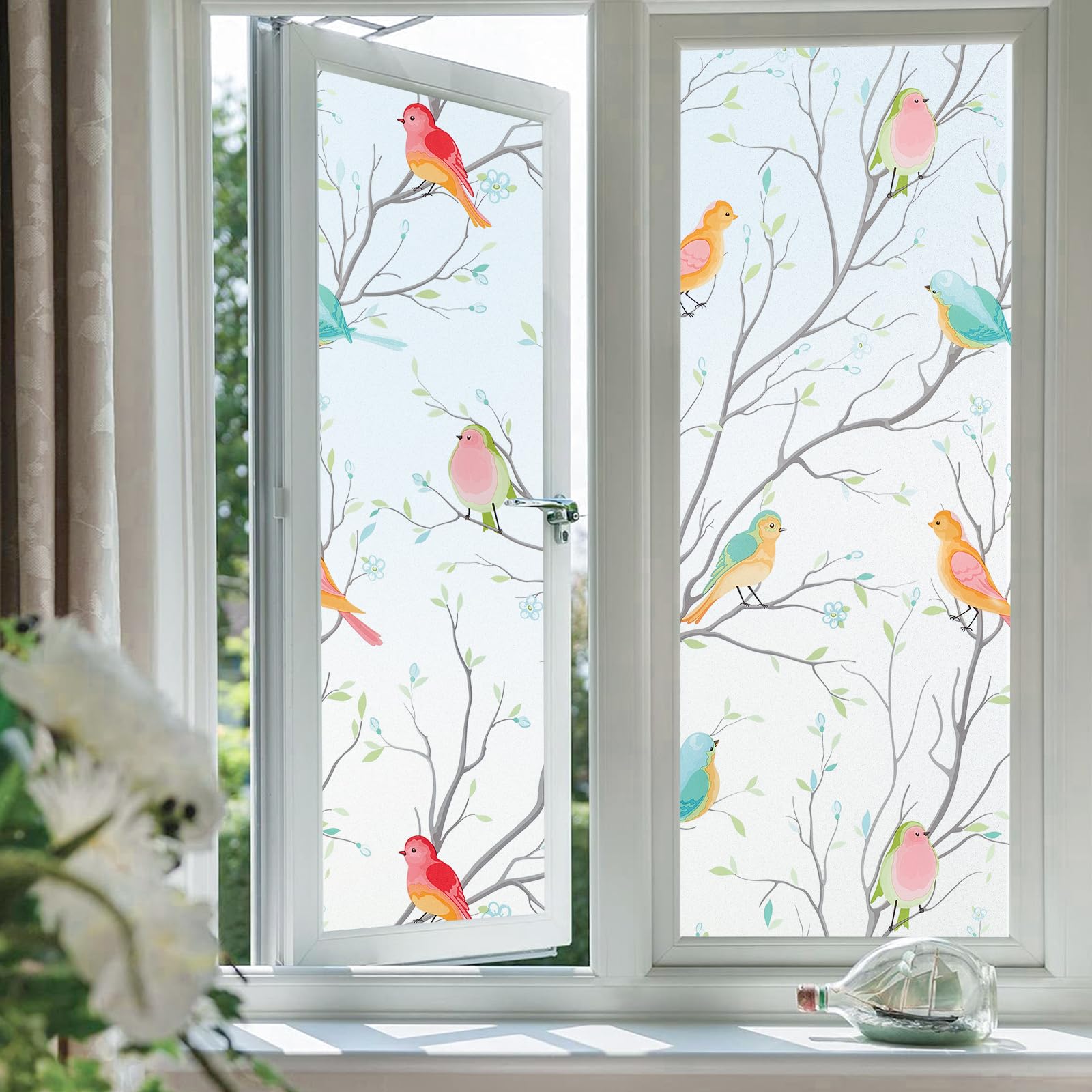 Coavas Window Privacy Film Decorative Bird Stained Glass Window Film Bathroom Frosted Glass Window Cling Privacy Film Heat Blocking Static Cling Day and Night Home Door Window Coverings 35.4" x 118.7"