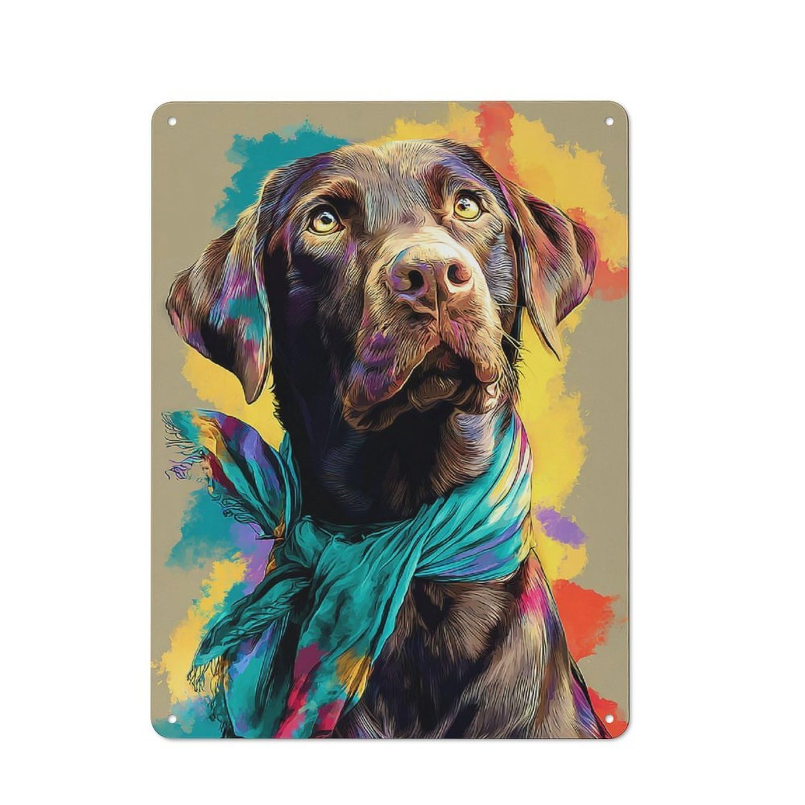 Junmoney Colorful Dog Portrait With Scarf -1 Vintage Decorative Metal Plaque 40X30cm, Garden Room Wall Plaque For Shed, Garden Room, Porch Or Garage