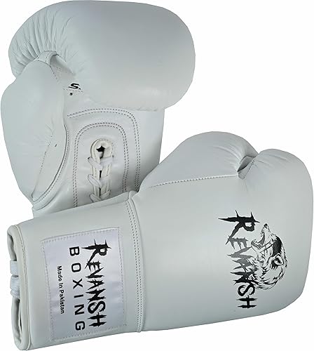 Revansh Prolace - Guantes de boxeo de piel de vacuno, unisex, entrenamiento profesional y sparring, color blanco y negro, tamaños 12 onzas, 14